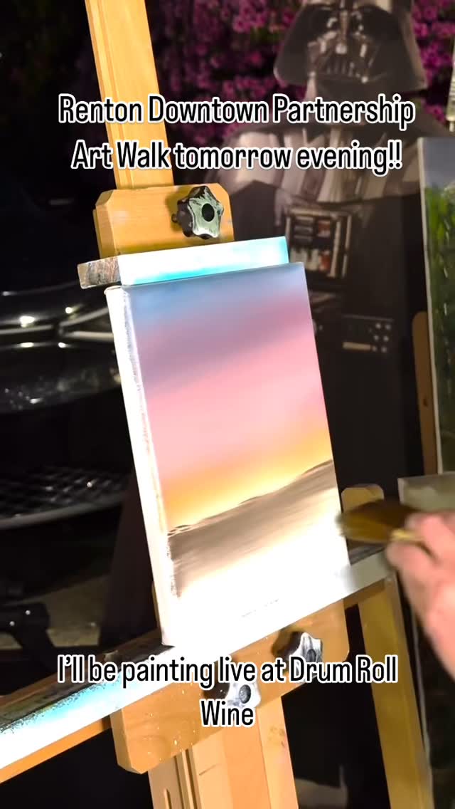 Live painting and wine? Who could ask for anything more!! @drumrollwine @renton_downtown_partnership #renton #oilpainting #happytrees #wine #timelapse