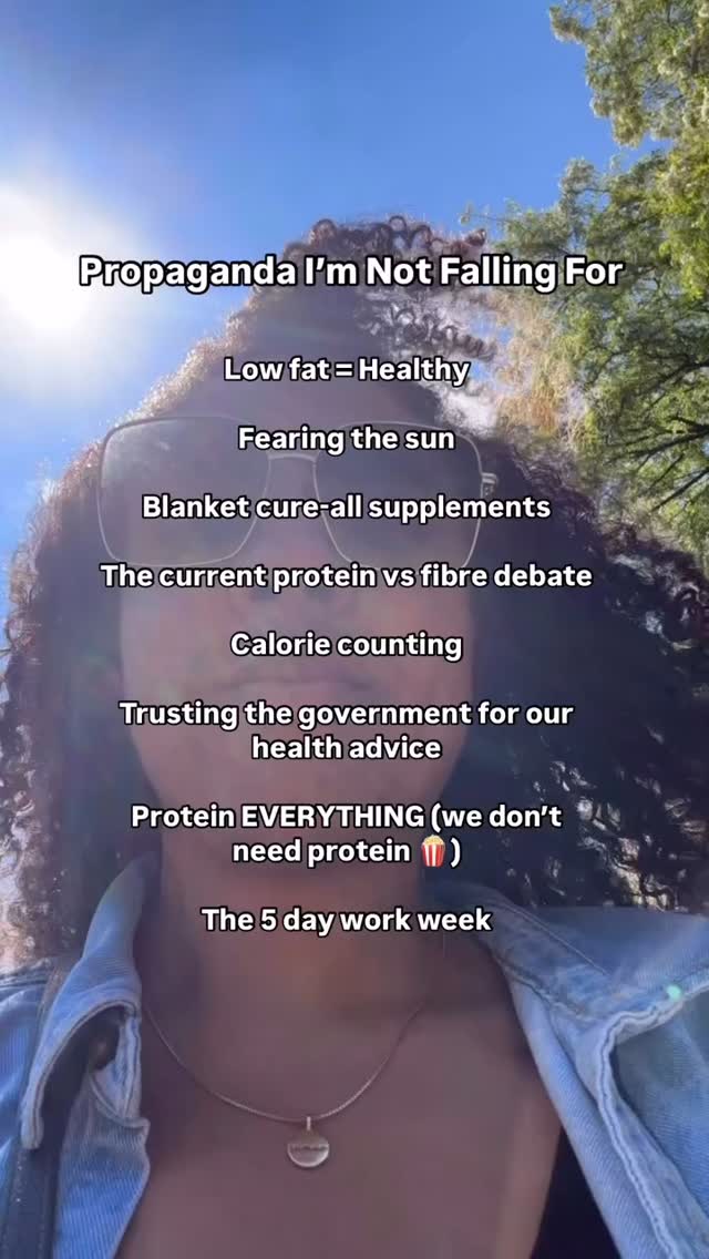 NEED I SAY MORE?!
- Buy the full fat yoghurt, your hormones and gut will thank you for it.
- We need to spend time in the sun WITHOUT sunscreen. Are we going to spend all day in the scorching heat? No, but we don’t need to be afraid of the sun. We are super deficient in vitamin D in this country, make the most of it while it’s here.
- I see PCOS supplements all the time with ingredients that are all great for PCOS but the amounts of them are under the therapeutic dose or the forms they’re in aren’t bioavailable. It’s an easy way to waste your money so do your research
- We need protein AND fibre. It’s not either/or
- Over it. Fat loss is about much more than calorie counting alone and I think it can encourage unhealthy obsessions
- I think we can all agree that the state of our pesticide laden food, UPF stuffed supermarkets and medical system that completely ignores lifestyle medicine is evidence that our government aren’t super concerned about our health 😅
- Protein shakes, protein bread, protein cheese, protein yoghurts, protein bars, protein popcorn, protein water.
All these products are ultra processed…eat real food.
- I don’t think I need to explain this one. How is it the norm that we work 5 days for 2 days of leisure and everyone just accepts that? I don’t subscribe, count me out.
Do you agree with me? Do you think I’m bonkers? Let me know below ⬇️ always open for respectful debate!