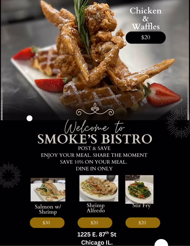 Post & Save 10% On Your Next Meal Dine-In Only.
At Smoke’s Bistro, every meal is cooked to order — no heat lamps, no shortcuts, just real food made fresh every time you dine with us. 📍1225 E. 87th Street |
#SmokesBistro #FreshNotFast #SupportLocal #CookedToOrder #SouthSideEats #BlackOwnedBusiness #ChicagoEats