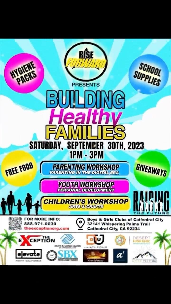 Join us for an inspiring day of community, education, and giving back at our “Building Healthy Families” event in partnership with the Boys and Girls Club of Cathedral City!
📅 Date: Saturday, September 30th
🕐 Time: 1:00 PM - 3:00 PM
📍 Location: Boys and Girls Clubs of Cathedral City
🏠 Address: 32141 Whispering Palms Trail, Cathedral City, CA. 92234
We're thrilled to offer a variety of workshops and free giveaways that will empower families and individuals of all ages:👨👩👧👦
1️⃣ Parenting Workshop: Gain valuable insights and tools for navigating the digital age as a parent, with sessions available in both English and Spanish.
2️⃣ Youth Personal Development Workshop: Young individuals can boost personal growth, learn essential life skills, and set S.M.A.R.T. goals for a brighter future.
3️⃣ Children's Arts and Craft Workshop: Let your kids' creativity shine through engaging and educational arts and crafts activities.
Plus, don't miss out on our fantastic free giveaways, including lunch, non-perishable food items, hygiene packs, backpacks with school supplies, gift cards, and door prizes!
Everything is FREE!!🎁
Mark your calendars, invite your friends and family, and let's come together to strengthen our community. See you there! 🙏🏼
Click the link in the bio to register!📲
#theexception #riseforward #raisingthefuture #coachellavalley #cathedralcity #buildinghealthyfamiles #communityevent #boysandgirlsclubsofamerica #free #resources #giveaways #workshops #parenting #personaldevelopment #nonprofit #elevateyouthca