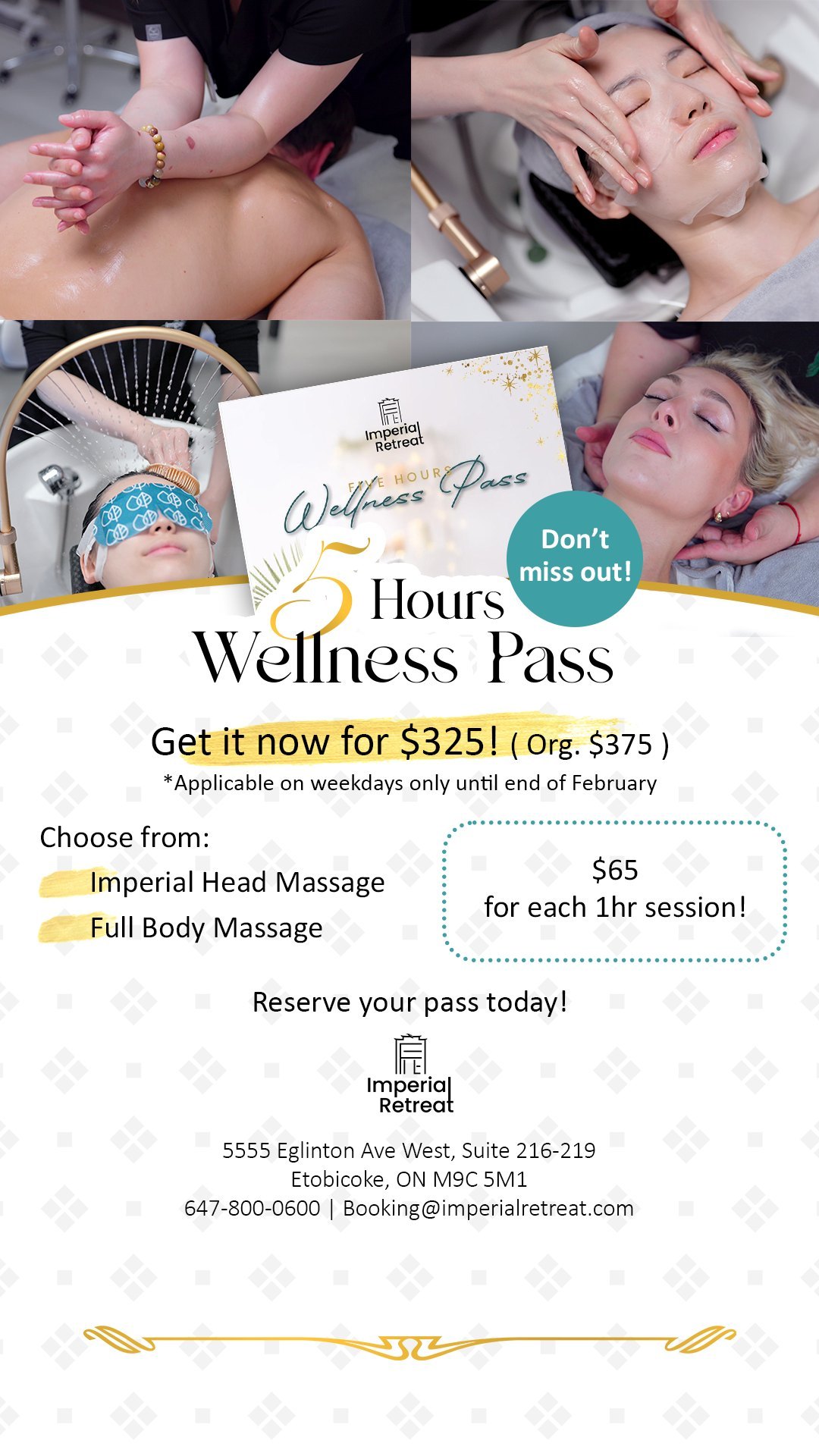 Save Big on Wellness: 5-Hours Pass for Just $325! 💆♂️💆♀️
We're offering a special deal on our exclusive 5-hours wellness pass! Normally priced at $375 for 5 one-hour massage sessions, you can now enjoy each 1-hour service for just $325—a $50 savings!
💆♂️ Choose from:💆♀️
✨ Imperial Head Massage
✨ Full Body Massage
⏳ Limited-Time Offer – Reserve your pass now and take advantage of this exclusive discount before February ends!
#spatoronto #todotoronto #torontospa #torontowellness #massage #etobicokemassage #etobicoke #missisauga #missisaugamassage #wellnessjourney #headmassages #headmassagetoronto #scalpmassage #fullbodymassage #bodymassages #bodymassage #wellnessgoal #discounts #relaxationday #relaxationmode #relaxation #relaxationtime #RelaxationGoals #relaxationmassage