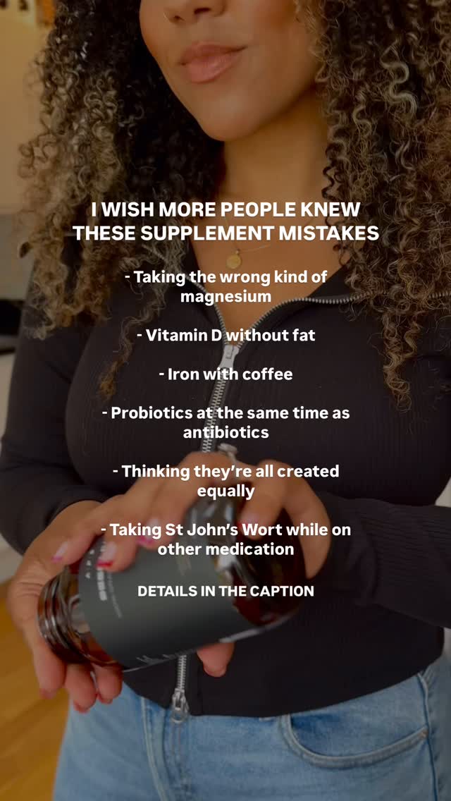 You’ll want to SAVE this one!
💊 Wrong type of magnesium
nervous system/stress/sleep = glycinate
Constipation = citrate
Muscle repair = malate
💊 Vitamin D without fat - as a fat soluble vitamin, vitamin D is best taken with a meal that contains fat
💊 B vitamins at night - B vitamins can be stimulating so are best taken in the morning
💊 Iron with coffee - taking an iron supplement at the same time as caffeine can majorly inhibit absorption. Best to leave a 2 hour gap
💊 Probiotics with antibiotics - it’s a great idea to take probiotics while on a course of antibiotics to help replenish and repopulate the gut microbiome but it’s best to take them 2 hours apart
💊 Thinking they’re all created equally - avoid supermarket supplements which are mostly synthetic and not readily absorbed by the body. Choose bioavailable, food based and for most people methylated supplements where possible
💊 Taking St John’s Wort with other medication - it may contraindicate medications like antidepressants so do check before taking
Did any of these surprise you?
Let me know in the comments and make sure you follow @londonwellnesscoach for more wellness myth busting!