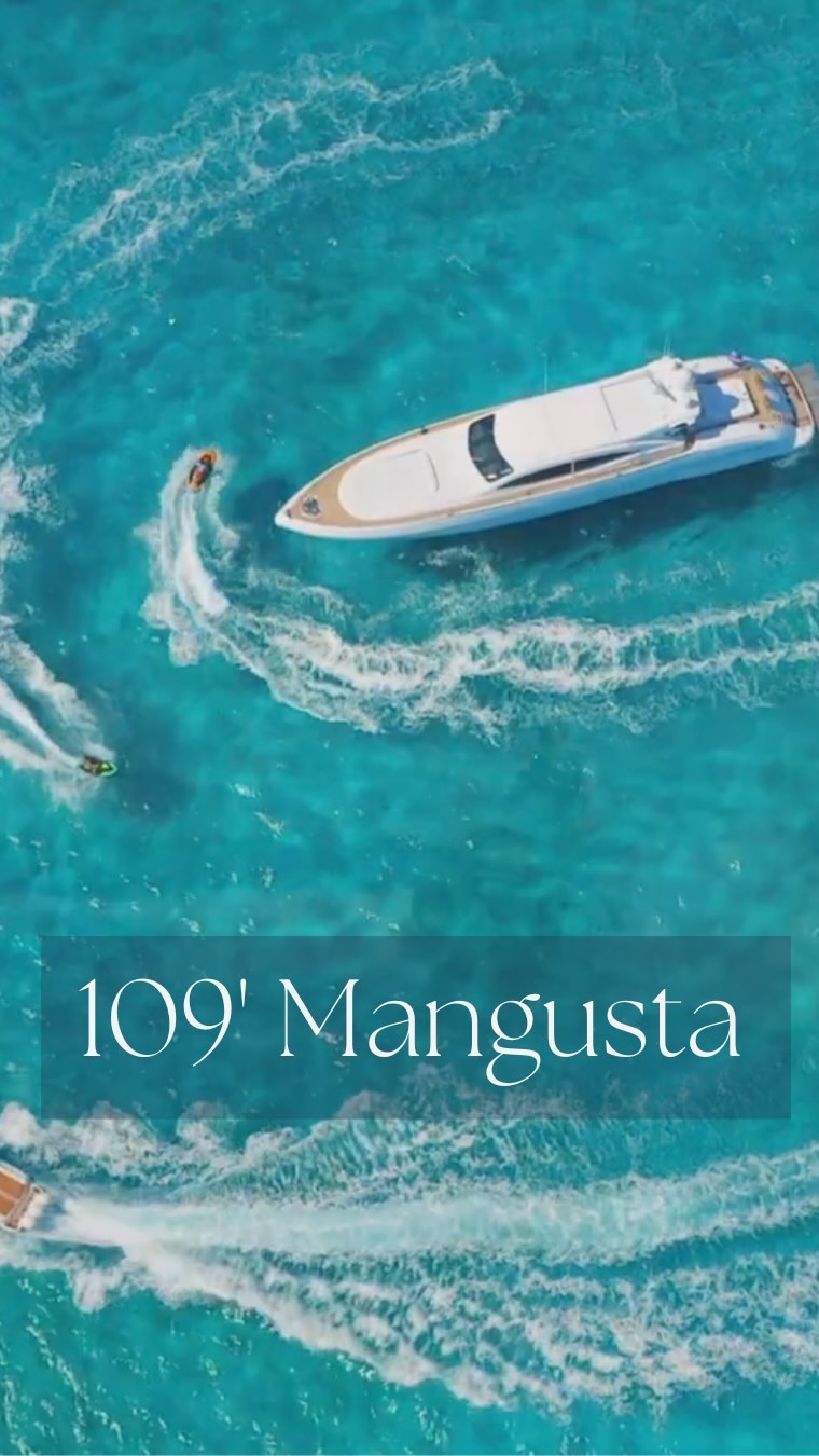Chic Luxury aboard our 109’ Mangusta. The perfect combination of high performance & luxury, perfect for sleeping 9 guests in her 4 cabin family style layout. She boast agility with her jet drives reaching top speeds of over 30kts! She’s fully equipped with fun toys & is appointed a speedy Lomac Grand Turismo tender with Yamaha 3x300, perfect for exploring the off beaten paths.