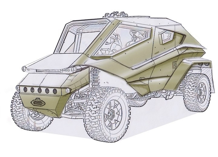 I use a multi-tooled layered approach to design. Here you can see a biro-sketch over a CAD underlay that is then scanned into Photoshop and rendered manually with a digital pen & tablet. It’s really a mix of old and new techniques, and ensures that the design is fully integrated with the underlying engineering while maintaining the natural flow of hand-drawn sketches and marker & pastel style rendering.
.
#design #cardesign #cardesignsketches #vehicledesign #transportdesign #plasan #plasanwilder #militarydesign #armoredvehicle #bulletproof #birosketch #wacom #digitaldrawing #buggy #dunebuggy #baja #atv #cardesigner