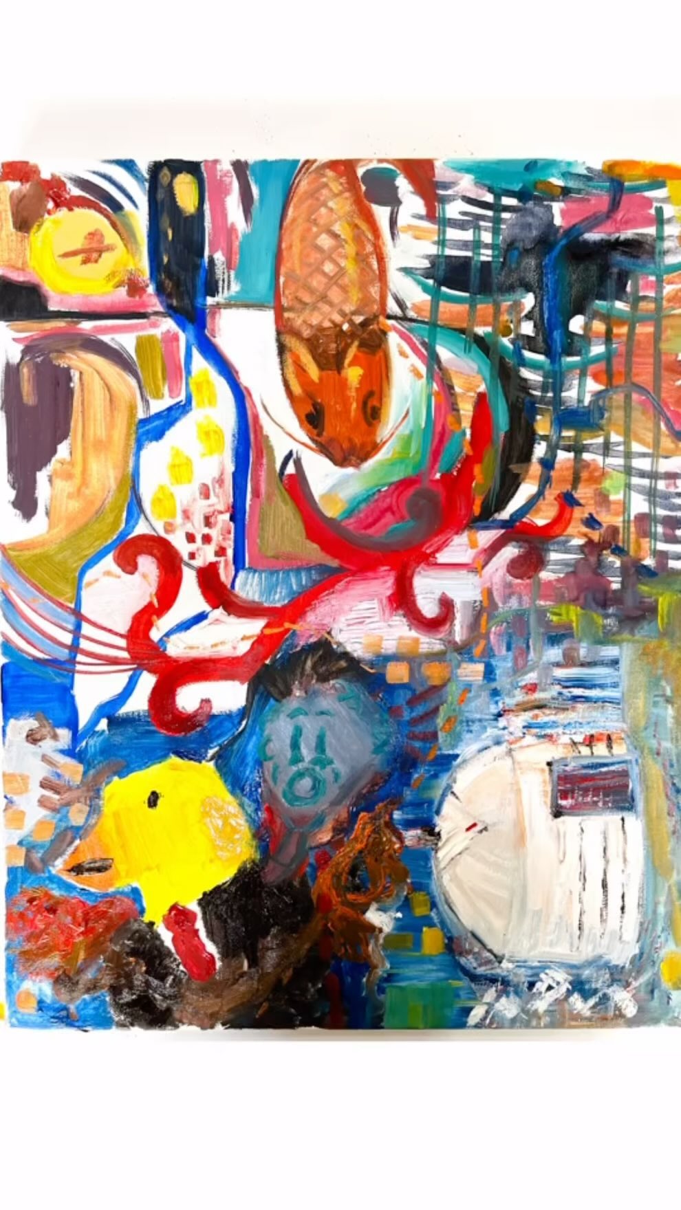 All of us painted on one canvas, all at once.
Our family painting activity turned out to be funnier than I expected!
If you pay close attention, Alden’s yellow duck gets shot in the back of the head by Ella’s red paintbrush.
They start fighting (off-screen) and so Ella decides to kill her character as a peace offering.
That guy dies, but then Matt (who painted the Mongolian yurt) asks our kids why they are so demented.
Then looks at me, and says…well that explains it!
So Ella revived her character as a blue-faced alien.
Yes…it’s all in this time lapse…if you watch carefully.
The painting holds extra weight for me because I whitewashed this old canvas that had a self-portrait of me before kids. I could see the hopeful, yearning look in my eyes, wishing for a family that was not coming in my timeline.
She is now covered in paint.
Years later, the weirdness and wildness of family life is nothing like what I expected. My family isn’t what I imagined.
It’s much better. And lots messier!
#familypainting #duckhunting #infertilityhealing #ilovemyfamily