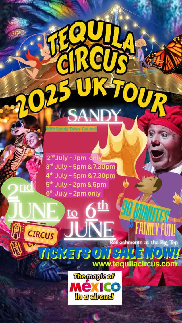 NEW GROUND UNLOCKED! @tequilacircus will be visiting #Sandy this July! 🤩
For the first time since Covid Sandy will have a circus!
When? JULY 2nd - JULY 6th
Where? Sunderland Rd Recreation Ground
Tickets? tequilacircus.com
Direct from Mexico, come and experience this zingy, fun filled show on your doorstep 😍✨ #love #family #circus #sandy #bedfordshire #mexico #circusartist #acrobat #clown #fun #sparkle #magic #mumsofinstagram #dadsofinstagram #mamaslatinas #dance #reel #instagram #instagood #happydays