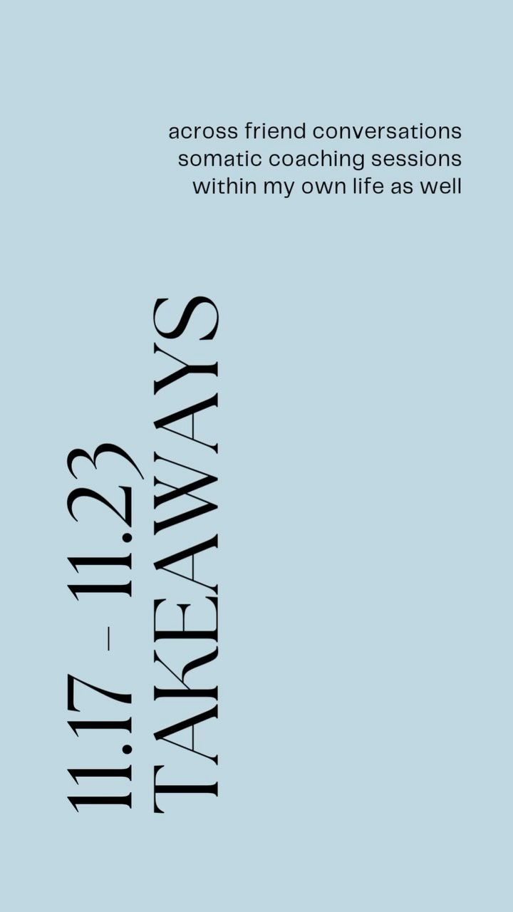 Takeaways: 11.17.24 to 11.23.24
These were compiled across friend conversations, somatic coaching sessions & within my own life as well.
…
Take what resonates, leave the rest & know that you are not alone. These themes are so incredibly prevalent right now. What if we realized that resilience is not about “pushing through” but about building capacity to be with whatever is present? Community is so needed right now but this is not to replace our connection with ourselves. We have to build our internal capacity in order to have the external impact we are craving. Maintaining the both/and approach to being with others WHILE being with ourselves.
…
🎶: @igoldford
…
#kaiaevolutions #alchemyinmotion #embodiedalignment #intersectional #intersectionality #embodiedbeliefs #somaticintegration #nervoussystemregulation #embodimentpractices #hope #hopecoaching #healingopportunitiesprocessingemotions #trustyourself #afeelingoftrust #empatheticwitness #empatheticwitnessing