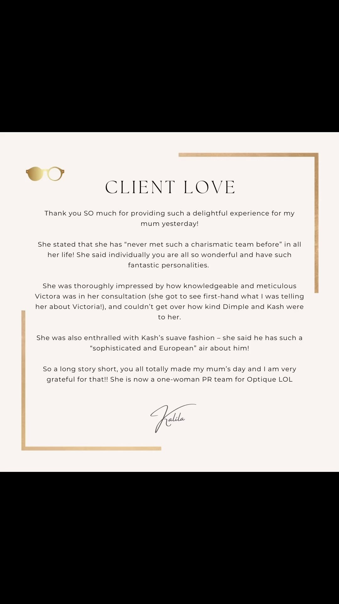 Thank you @kalilabodden – We are truly grateful and in awe of this testimonial #clientlove❤️
.
With a combined Professional Experience of over 50 Years in the industry we have you covered!
.
Get in touch today and let us take care of all the rest:
.
Online: https://www.optique.ky/book-online
Whatsapp: +13453257945
Email: info@optique.ky
Tel: (345) 949 – EYES (3937)
#oliverpeoples #leisuresociety #saltoptics #mykitaofficial
#faceaface #eyeglasses #eyewear #sunglasses #glasses #fashion #optical
#eyewearfashion #frames #optician #eyecare #vision
#eyes #optometrist #optometry #sunglassesfashion
#veryfrenchgangsters #eyewearstyle #sunnies
#accessories #boutiqueliving #grandcaymanislands
#caymanislands #optiquecayman