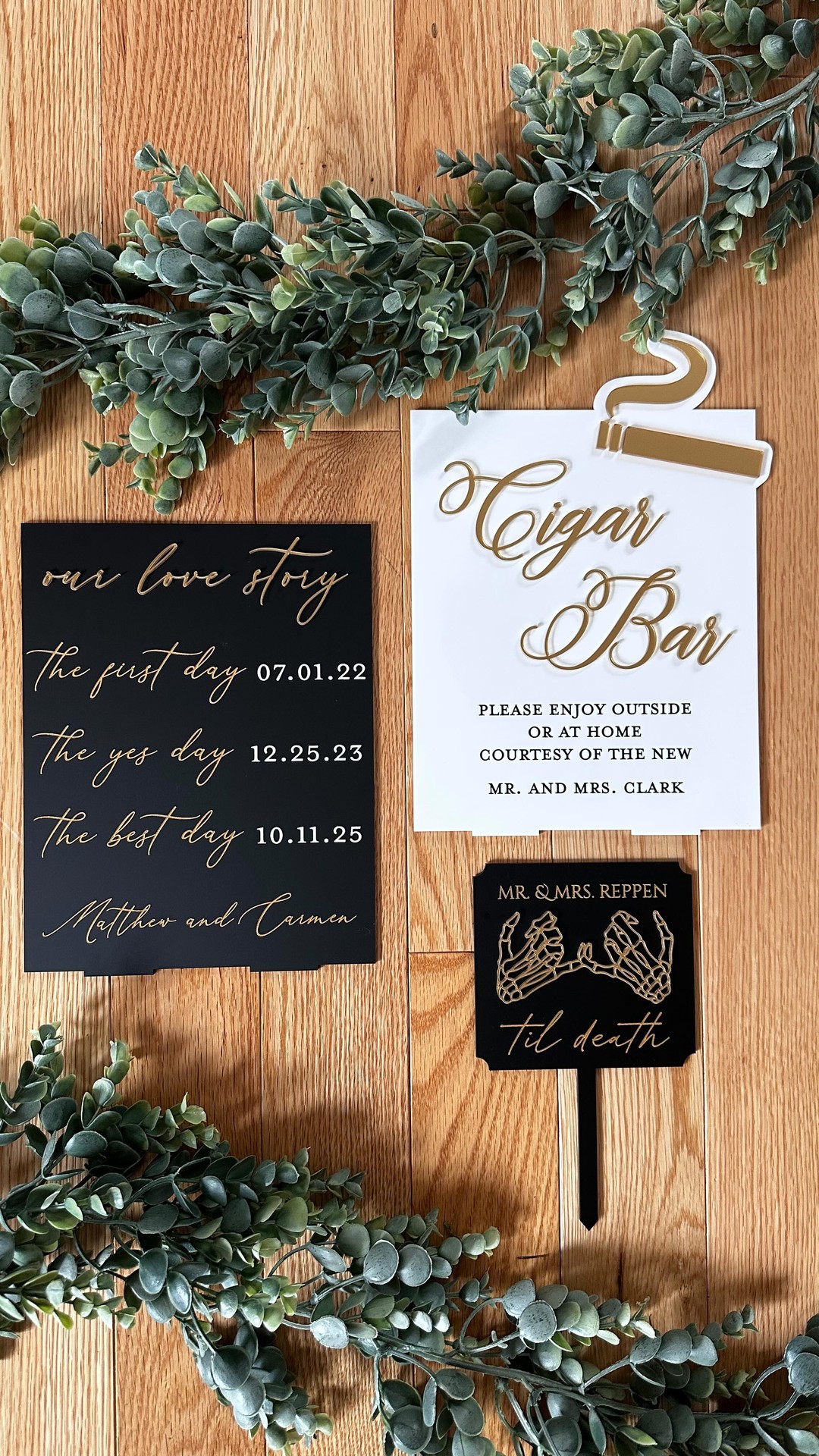 Here are three orders I completed today✨
#thundernova51 #lasercutting #laserengraving #acrylic #signage #caketopper #tildeath #wedding #weddingdecor #weddingsigns #eventdecor #ourlovestory #cigarbar #designhousebybrittany