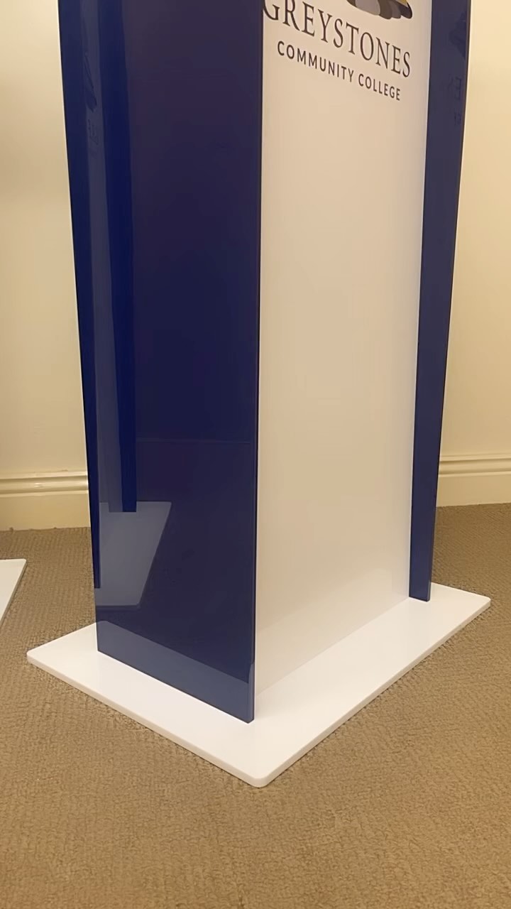 Podiums for Greystones Community College recently manufactured. Complete with logo and colour colours for the side panels. Custom podiums made for your custom requirements, Acrylic Design is your one stop workshop for all our in-house manufacturing abilities #podium #madetoorder #inhousemanufacturing #irishmanufacturer #schoolpodium #logoapplied