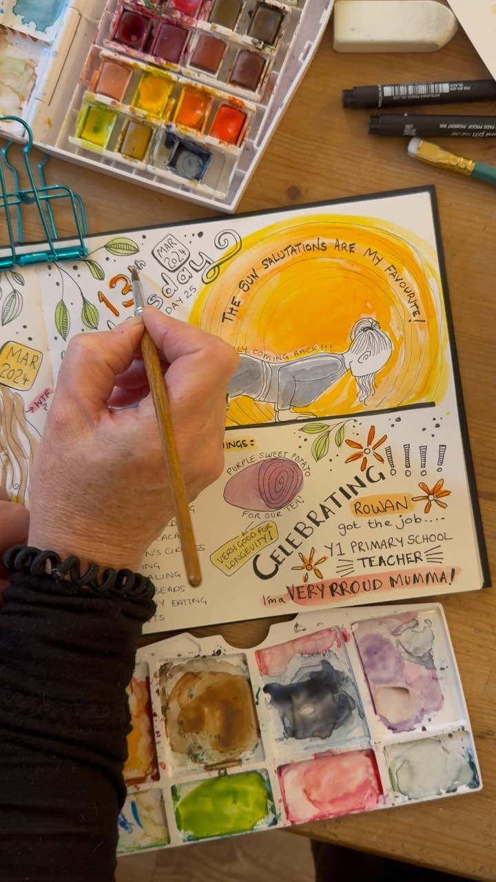 On a high after a a beautiful yoga session - Wednesday 13th March 2024 - Day 25 of @dothe100dayproject
✨
✨
#100dayproject #100dayproject2024 #100dayartjournal #the100dayartjournal #artjournal #artjournaling #dailyartjournal #artjournalingpractice #artjournalpages #journalcommunity #drawingmylife
#sketchbookpage
#sketchbookartist #sketchbookpages
#sketchbookpractice #creatingeveryday #creativejournaling #journallove #sketchbookchallenge #artdiary #creativediary #sketchaday #artistlife #creativejournaling #womenofillustration#happyartistmovement #paintwhatyoulove #happyart