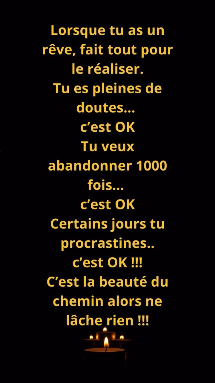 Lorsque tu as la chance d’avoir un rêve, fait tout pour le réaliser !!! Oui tu vas douter ( quasiment tous les jours pour moi !!) tu vas te remettre en question, tout remettre en cause, tes peurs vont ressurgir mais au fond de toi une petite voix te répète que c’est vraiment ça que tu veux faire, ce qui fait vibrer ton coeur!!!
Alors accepte d’avoir peur que ça ne fonctionne pas, accepte de procrastiner, accepte de tout remettre en cause tous les 3 jours 😅 alors oui, il faut du courage, beaucoup de courage !!!
Continue, agit, relève toi encore et encore, jours après jours, car c’est TON rêve !!!!
#rêve #realisetonreve #procrastination #peur #reussir #réussite #relevetoi #courage #relevetoi #croisentesreves #croisentoi #croisentoimême #autosabotage #motivation #phrasedujour #affirmations #affirmationpositive #affirmationdesoi #affirmation #goodvibes #positive #positivesvibes #entreprenariat #entreprenariatfeminin #entreprenariataufeminin #ecoutetoncoeur