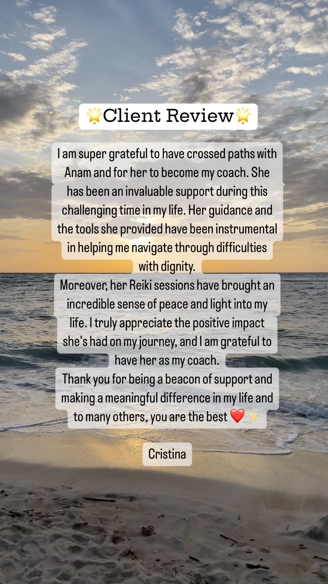 🌟Client Review 🌟
It’s definitely one of the most rewarding things for me to support my clients in their journey & become the anchor ⚓️ for them that they need.
Thank you for such kind words, Cristina. I’m dedicated to making a positive impact on the lives of those I work with, whether it’s yoga, reiki, or coaching. I always aim to help my clients reach their full potential.
#clientdiaries #testimonial #holistichealer #reiki #energyhealing #yoga #dubaiyoga #yogateacher #wellnesscoach #womenshealth #stress #mindfulness #healing #healingcrystals #soundhealing #holistichealing #wellness #fitness #mentalhealth #lifecoach #womensyoga #personaltrainer #mindset #womensupportingwomen #almawellbeing