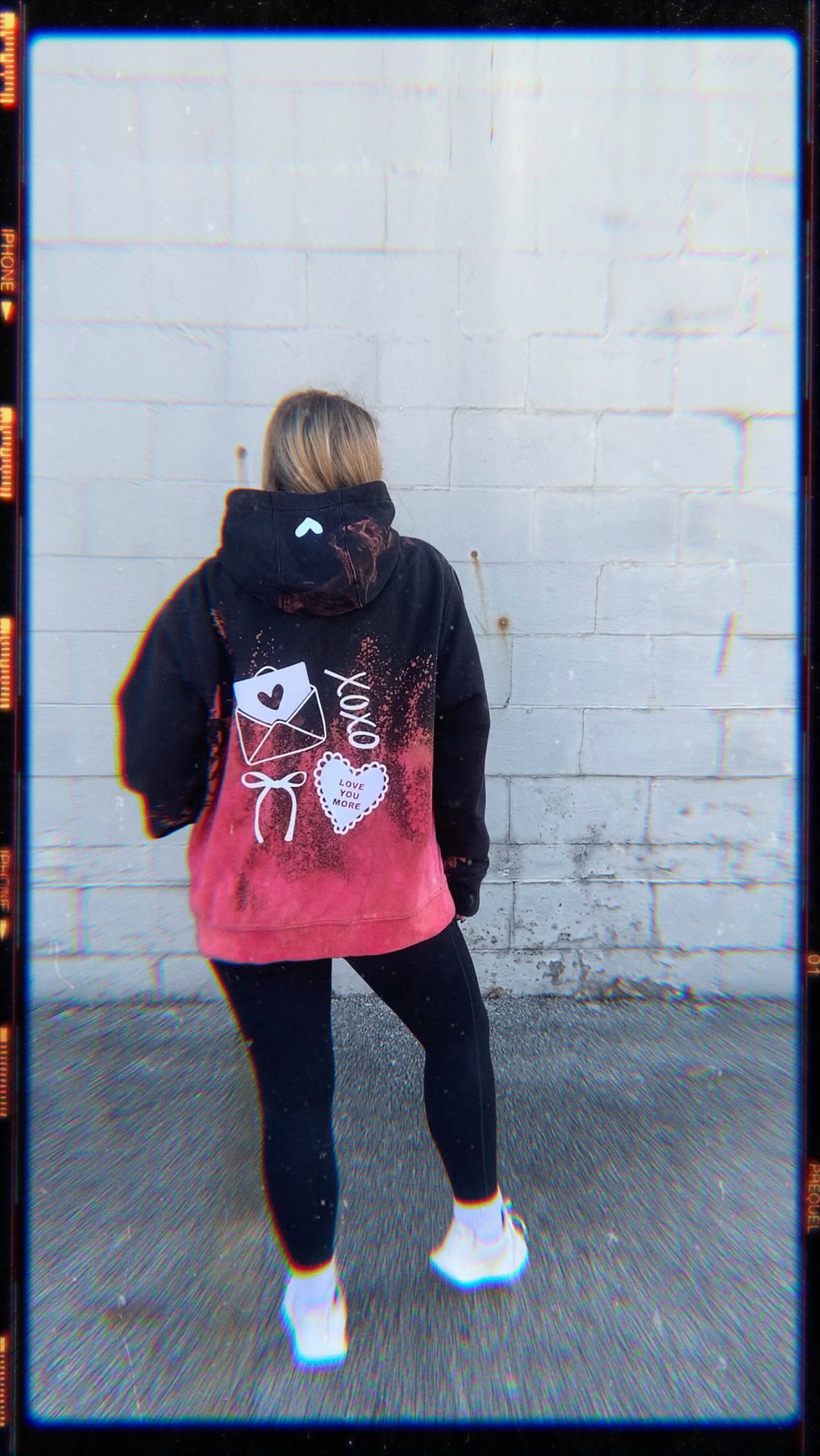 newest valentine hoodie 💞 inspired by a painting i’m doing called “this is a love letter” 💌 this was my first time dying a hoodie after bleaching and it turned out great!