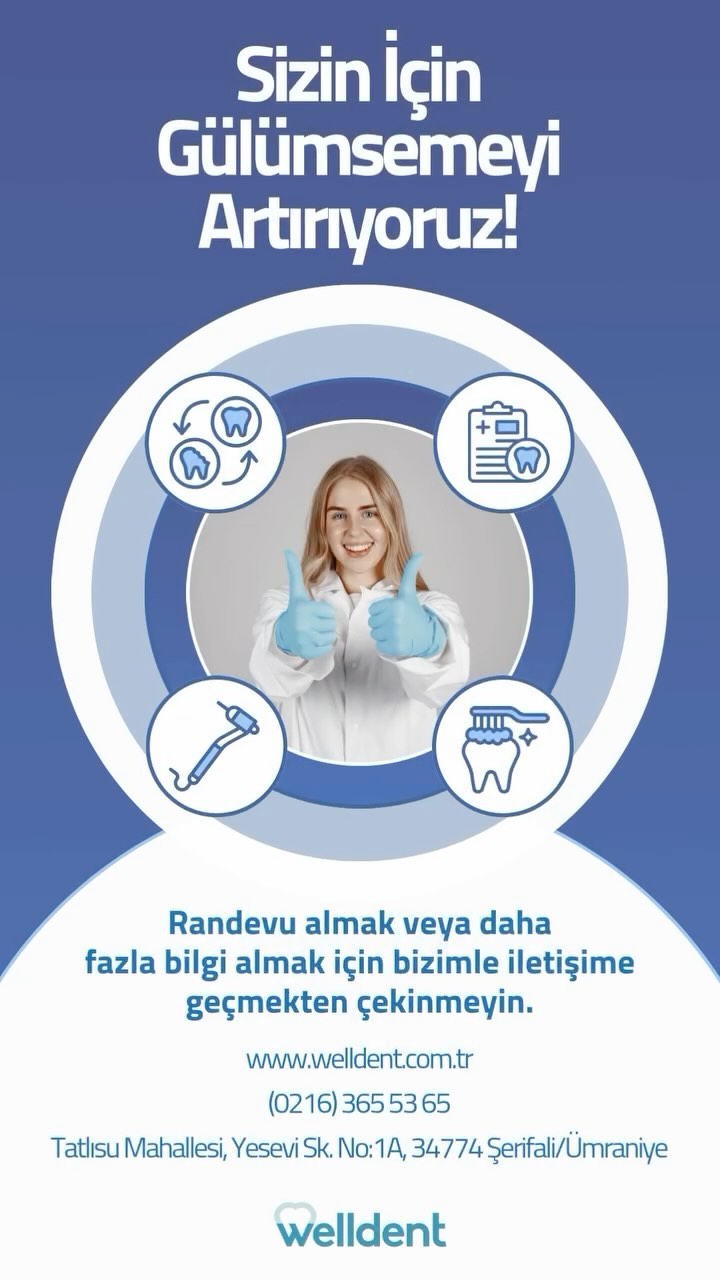 Sizin İçin Gülümsemeyi Arttırıyoruz! 😊🦷
📱 0 216 365 5 365
🖱️ www.welldent.com.tr
#Welldent #SağlıklıGülüşler #BirÖmürTebessüm #WelldentDişKliniği #TatlısuMahallesi #Ümraniye #Şerifali #İstanbul #DişSağlığı #DişHassasiyeti #DişTemizliği