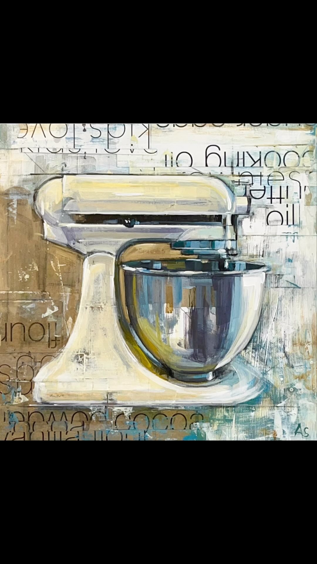 KitchenAid, ©Annie Salness, 16”x 16”x 1.5”, mixed-media, framed, available.
(This is part of my Kitchen Tools and Recipes series.
And Melissa used her KitchenAid. I’ve included some process photos.)
I always feel grateful when my children introduce me to their friends who end up becoming an enriching part of my life. One such friend is Melissa, who played sports with my daughter, Katherine, in college and now runs her own organizing business called Side by Side with Mel. (@sidebysidewithmel) I recently enlisted her help in organizing my artist studio, and the results were fantastic! I highly recommend her for all your organizing needs!
She shared with me her sister’s popular brownie recipe, which is a fan-favorite with both adults and children in her family.
“My children, niece, and nephew love these brownies! My sister introduced this recipe, and it’s a quick dessert to enjoy every once in a while.”
-Melissa Butler, www.sbysorganizing.com
BROWNIES
1/2 cup unsalted butter, melted and HOT
1 T cooking oil
1 1/8 cup sugar
2 large eggs
2 tsp vanilla extract
1/2 cup all purpose flour
1/2 cup unsweetened cocoa powder
1/4 teaspoon salt
Preheat oven to 350°F (175°C). Lightly grease an 8-inch square baking pan
with cooking oil spray. Line with parchment paper; set aside.
Combine hot melted butter, oil, and sugar in a bowl. Whisk for about a minute.
Add the eggs and vanilla. Sift in flour, cocoa powder, and salt. Gently fold the dry
ingredients into the wet ingredients until combined. Pour batter into the prepared pan,
smoothing the top out evenly. Bake for 20-25 minutes; check with toothpick.
Remove and allow to cool to room temperature before slicing.
To purchase my painting, visit the link in my bio.