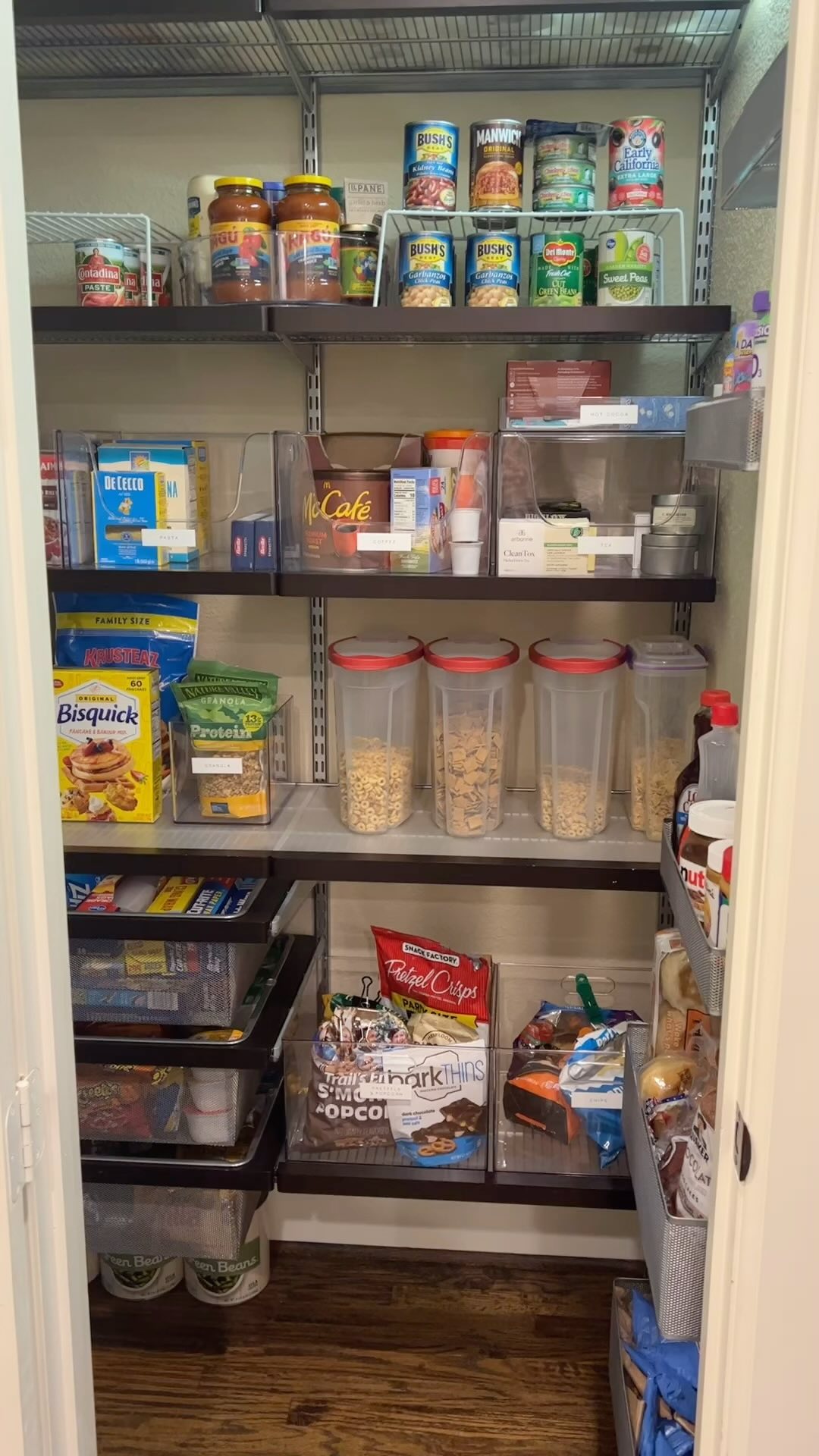 This pantry was tight for space. It became the catch all for food, crafting, and party supplies and was really frustrating for our client. We were able to add a lot of storage and really maximize the space for their family. The Elfa system works so well in tight spaces and is flexible so they can modify it as their needs change. So happy for them!