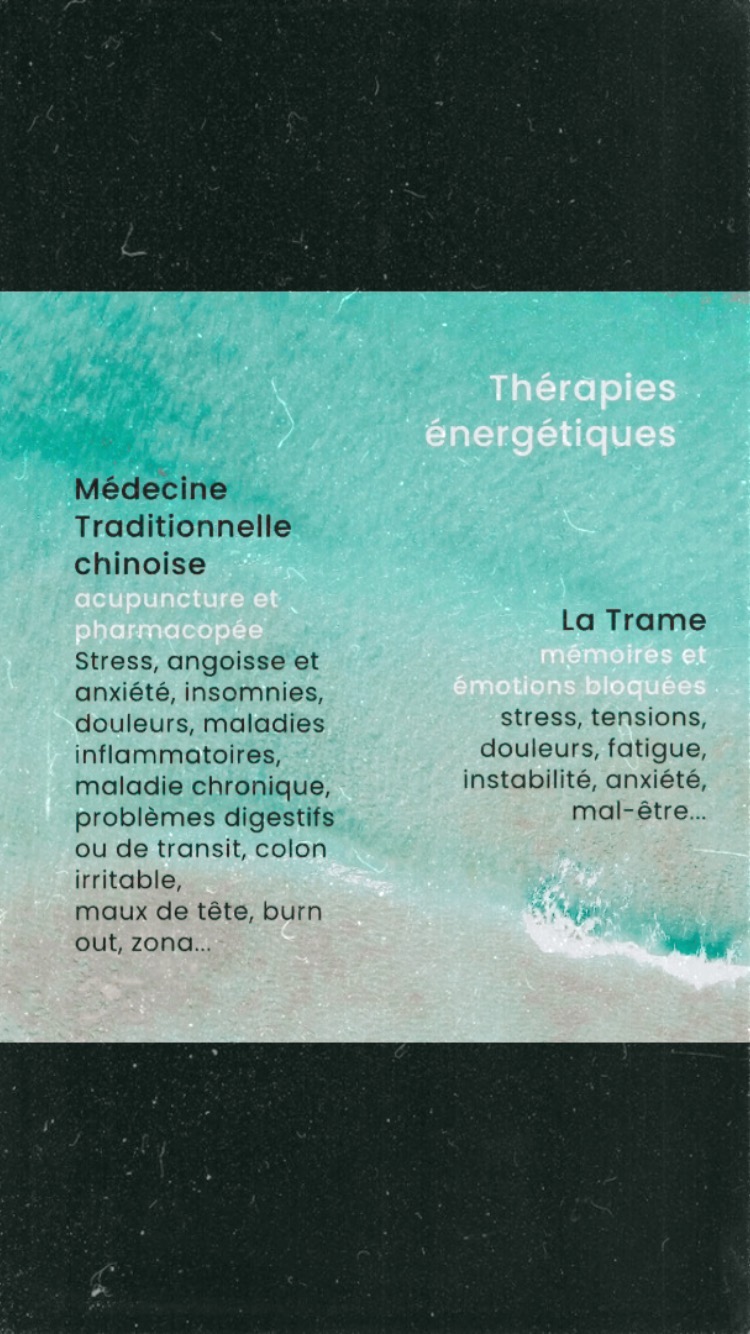 ✨Voici les soins énergétiques que je propose au cabinet.
Pour plus d’infos > lien dans la bio 😉
#medecinechinoise #medecineenergetique #acupuncture #pharmacopée #latrame #trame #ventouse #ventouses #moxibustion
#stress #insomnie #anxiété