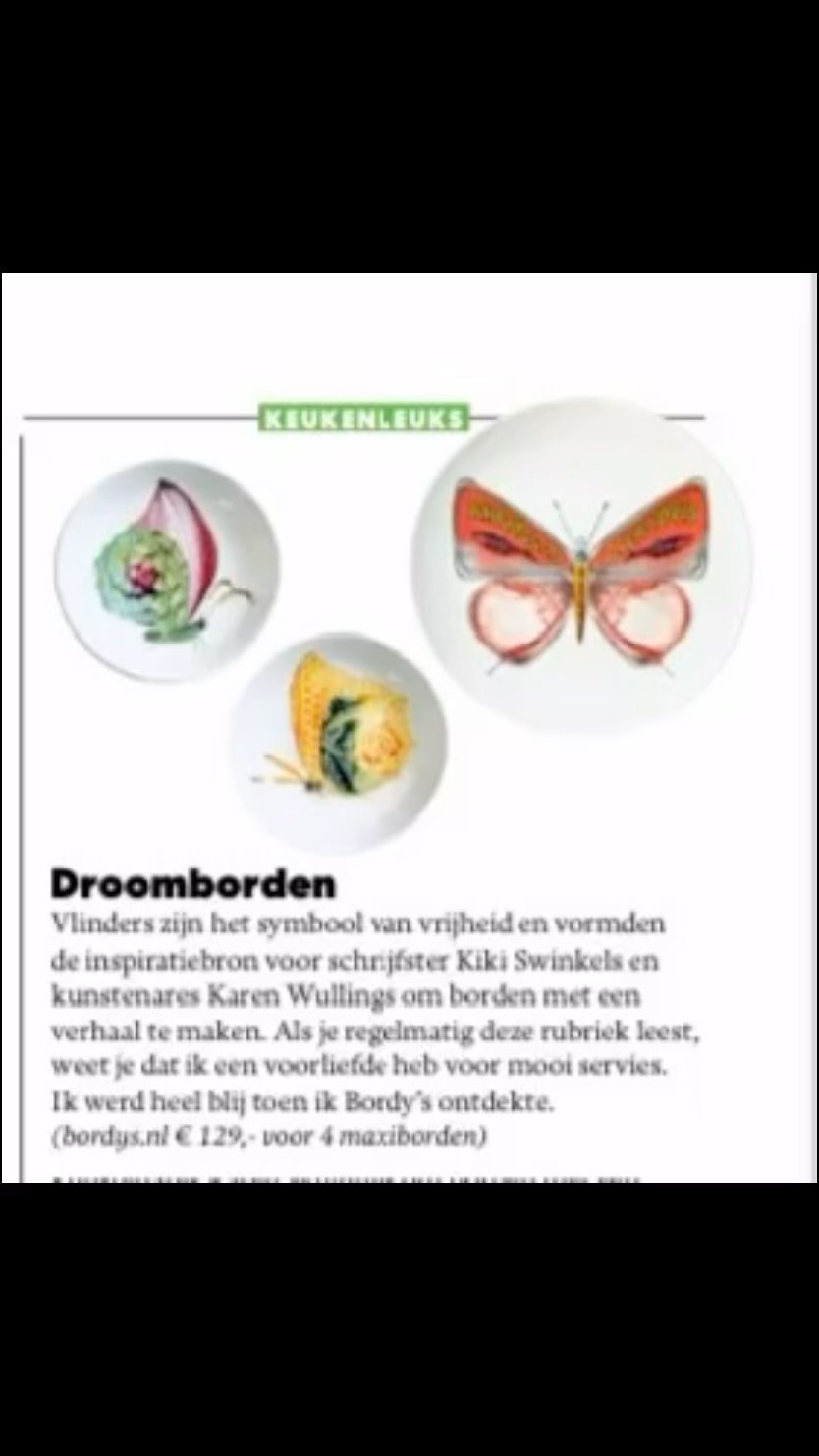 Wat gaaf! Onze borden van @bordy.s staan in de @telegraaf.nl in het magazine ‘Vrouw’.
#telegraaf #bordys #bordenmeteenverhaal #vlinders #trots #kunstenaar #borden #servies #illustration