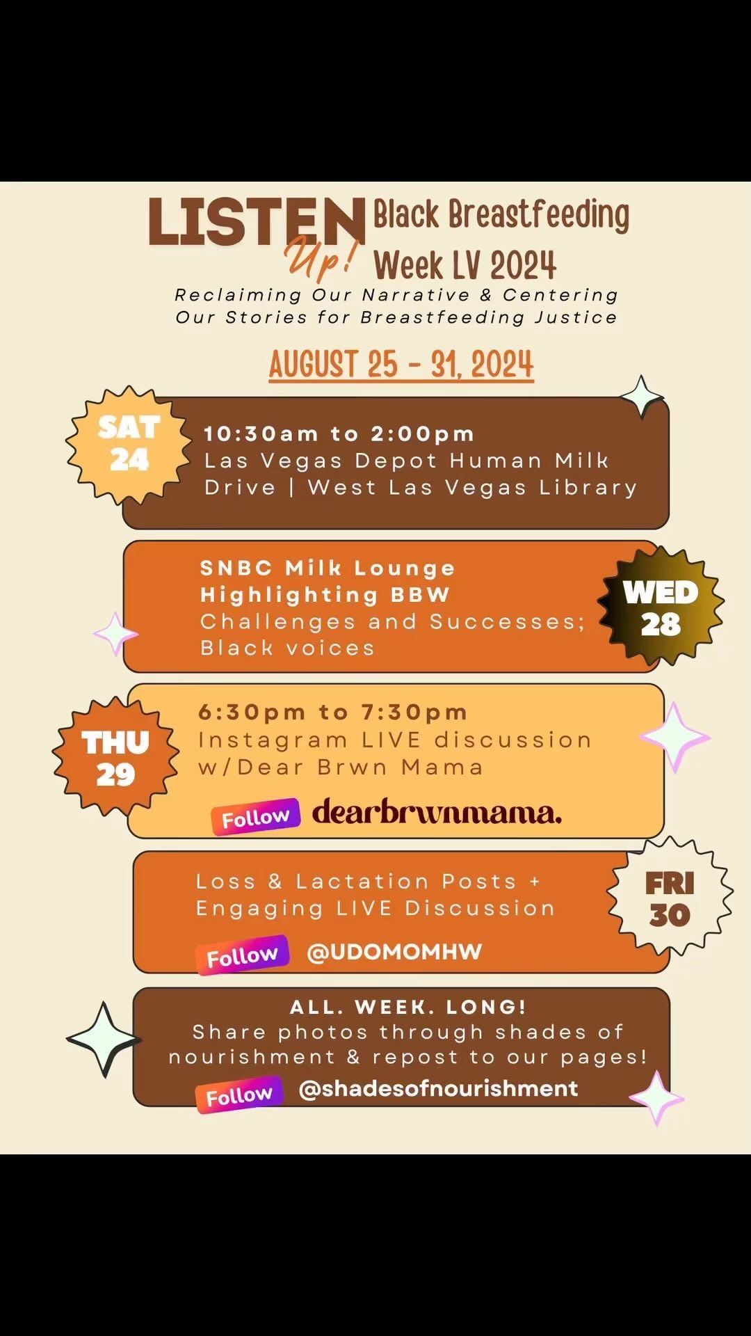 A great way to kick off Black Breastfeeding Week celebrations in Las Vegas!!🤎💛
.
Join Breastfeeding with Maj & Heart and Sol Collective’s Annual Human Milk Drive Event with @mothersmilkbankca to kick off Black Breastfeeding Week 2024!
.
@snv_breastfeeding_coalition Milk Lounge highlighting BBW2024
.
IG Live with @dearbrwnmama
.
Loss & Lactation IG Live Discussion with @udomomhw
.
@shadesofnourishment will share photos that you share all week long!
.
This year’s theme: Listen up! Reclaiming our narrative & centering our stories for breastfeeding justice.
.
West Las Vegas Library 951 W. Lake Mead Blvd.
Las Vegas, NV 89106
Saturday, August 24th at 10:30am - 2pm
.
@heartandsolcollective
@mothersmilkbankca
@blkbfingweek
@bfgwithmaj
@snv_breastfeeding_coalition
@udomomhw
@solidtruthlv
@shadesofnourishment