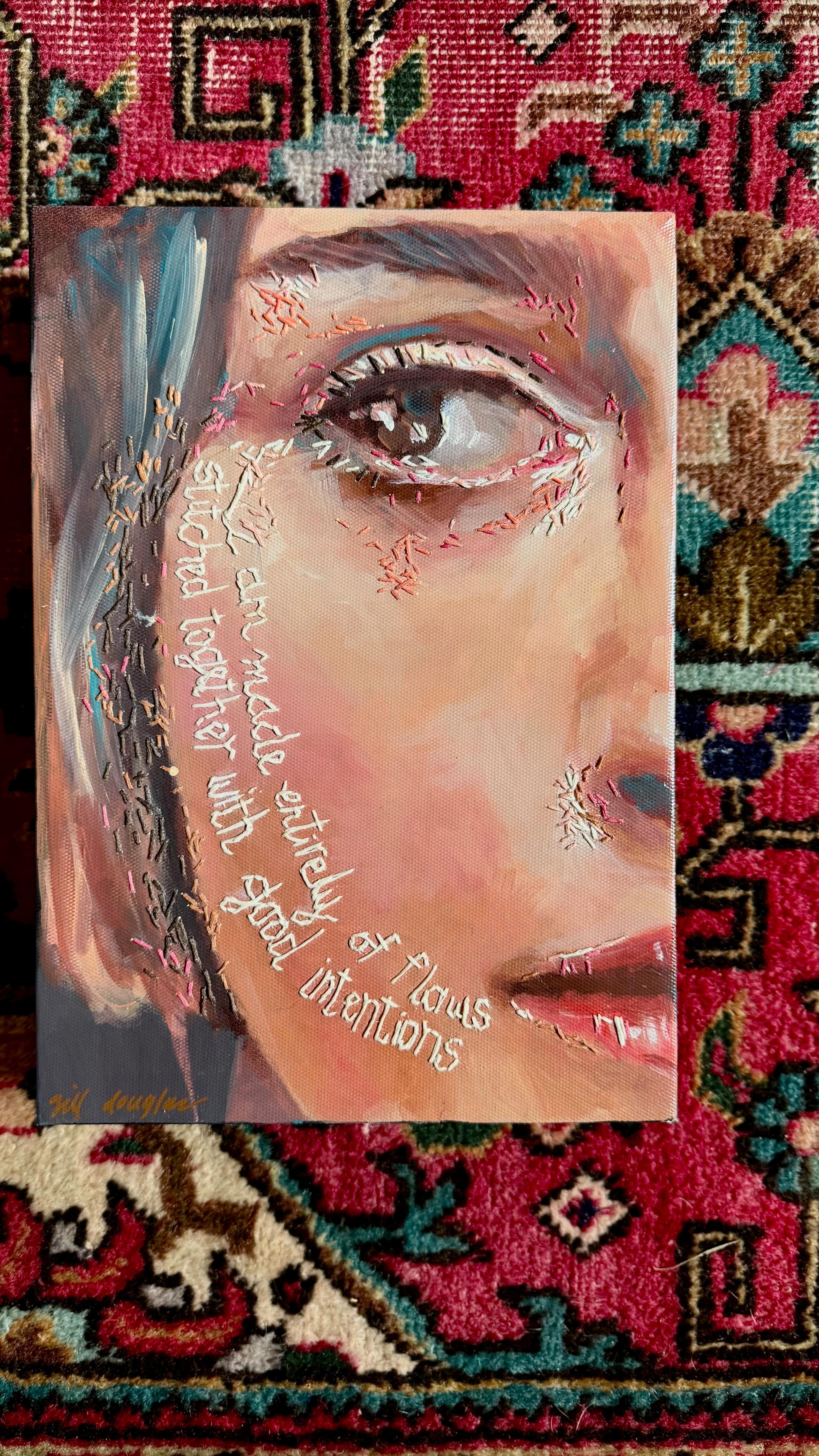 ‘….and I, myself, am made entirely of flaws, stitched together with good intentions’ 🧡🧡
Yip…pretty much the story of my life…. 😜
(Love that this painted lady with a story to tell has found her forever home ❤️❤️)
#creativeprocess #makingart
#doitfortheprocess #cotfa #mixedmedia #drawntostitch #happyartistmovement #inmystudio #wip #artpractice #studioscenes #artprocess #paintingprocess #paintedportraits #slowstitching #embroidery