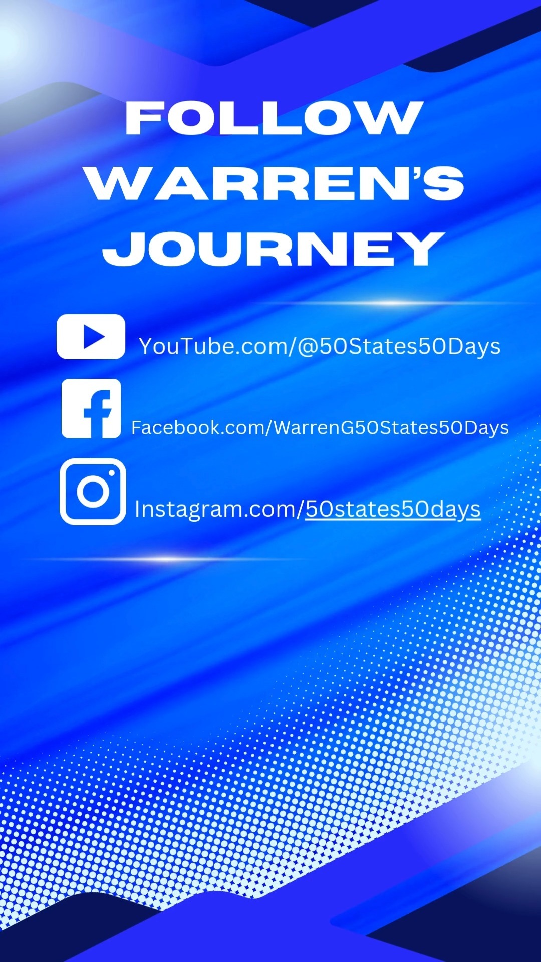 A Guinness World Record attempt is set to take place starting March 29, 2025, where Warren Edwards will walk/jog 13.1 miles and bike 36.9 miles daily over 50 consecutive days, covering a total of 2,500.5 miles across all 50 states.
Conneaut is invited to participate by joining in, showing support, and celebrating this remarkable journey, which aims to highlight the community’s spirit and promote local businesses.
Join us on April 9th at the Chamber/Port Authority building around 8:30 AM to cheer Warren on. From there his route will take him down Lake Road past Township Park and continue west on 531.
Follow his journey:
https://www.youtube.com/@50States50Days
https://www.facebook.com/WarrenG50States50Days
https://www.instagram.com/50state50days/