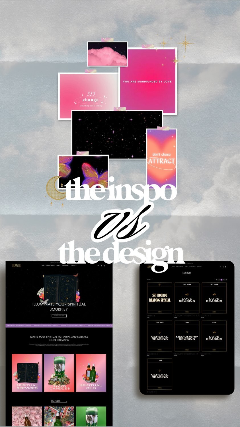 What a transformation 🦄
The Inspo vs The Design. Did I nail the vibe? ✨ #itsmondaysmuse
#shopifydesigner #brandingdesign #spiritualwebdesign #spirituality