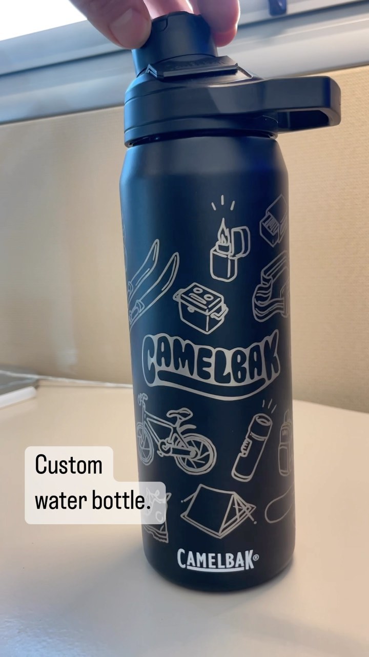 Customized my water bottle with some doodles of outdoor gear. The laser is addicting. I want to etch everything that will fit in the machine.