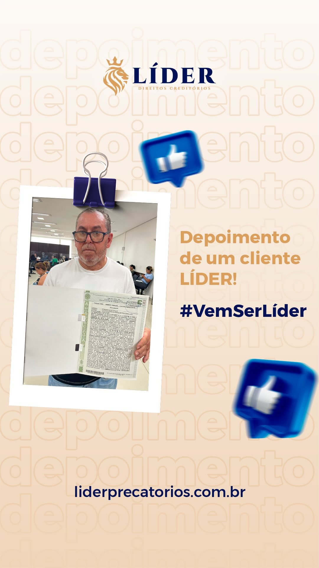 Mais um depoimento que nos enche de orgulho! 💙
A esposa de um dos nossos clientes confiou na Líder para a antecipação do precatório do seu marido e aprovou o processo! Aqui, segurança e transparência fazem parte de cada etapa.
A Líder transforma precatórios em oportunidades!
#DepoimentoCliente #Precatórios #AntecipaçãoComLíder #SatisfaçãoGarantida
