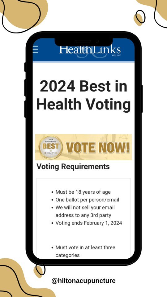 There's still time to vote for Hilton Acupuncture! π You can find the link in our bio. Thank you to all who have already taken the time to vote.Β β€οΈ
https://www.charlestonphysicians.com/bestinhealth/
#hiltonacupuncture #acupuncture #TCM
#mountpleasant #health #tcmlivingwell #acupunctureworks