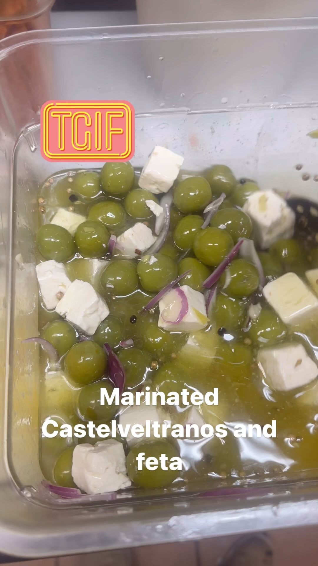 Ordering snafu: they sent us some “unpitted” castelveltranos so we marinated them with feta, olive oil, lemon zest, red onion, garlic, coriander and fennel seeds.