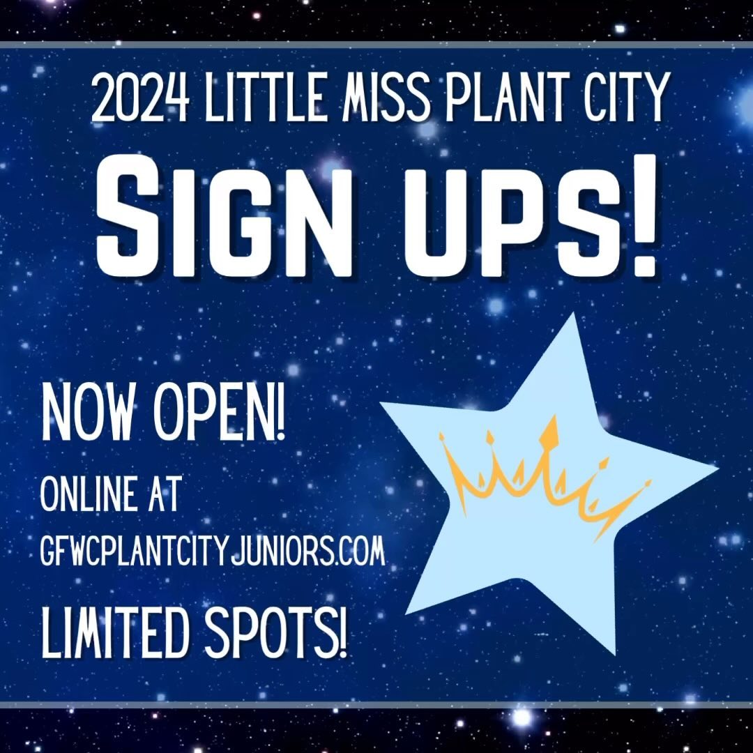 Sign ups for the 2024 Little Miss Plant City contest NOW OPEN! Applications are ONLINE ONLY again this year. Spots are limited to 50, so don’t wait! The contest will be held 4/27/24. Head to gfwcplantcityjuniors.com and @plantcitylmpc for more information. Link in bio. #gfwcplantcityjuniors #lmpc #littlemissplantcity #plantcity