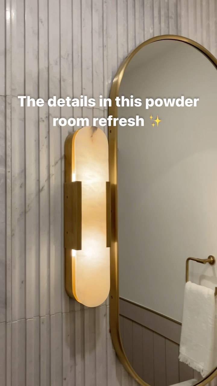 Design details from our Modern Lux powder room refresh✨
Accent wall tile
Wall mount faucet
Custom white oak vanity
Gorgeous sconces
Pill shaped mirror
Wood and brass wall details
#powderrooms #bathroomrenovation