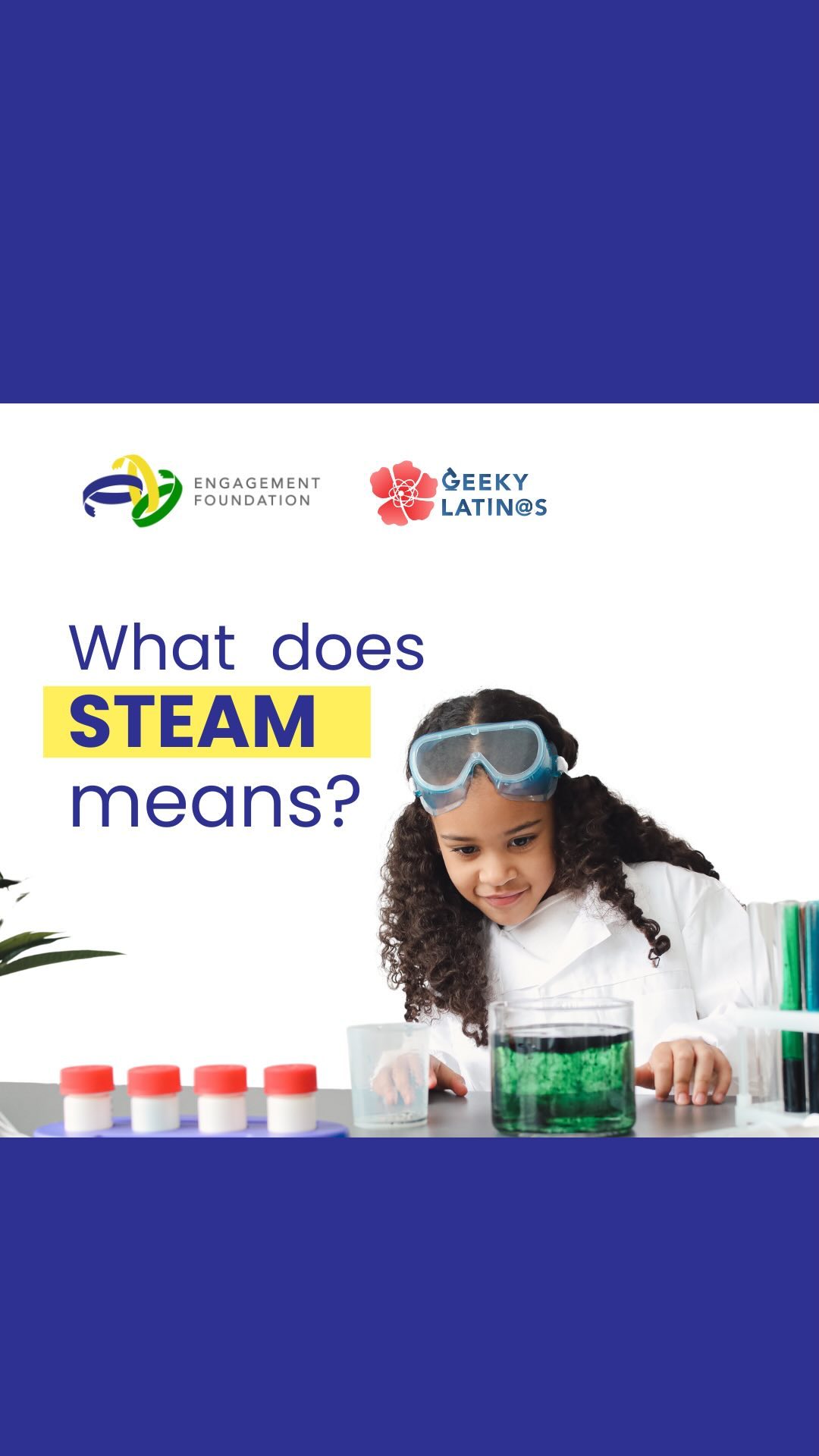 STEAM? it’s Science 🧪, Technology 📱, Engineering 🔧, Art 🎨 and Math ➕✖️!
It’s the future, creativity and critical thinking.
Did you know STEAM drives innovation?
From scientific curiosity to inspiring art, STEAM connects us to the world. Imagination and logic, today learn a little more about this topic 🚀
At Engagement Foundation we are very proud of our Geeky Latin@s program (@geekylatinas) that empowers young people in STEAM careers to guarantee a future full of opportunities.
We thank our excellent volunteers Victoria Soto, Keren Nekeida and Mariangel Loaiza for sharing their knowledge about STEAM with our communities.
Let’s continue working for education and inclusion.
#Steam #stem #GeekyLatinas #STEAM #stemgirls #stemforkids #stemeducation #education #geekylatinas #geeky #geekygirl #Engagement #USA #EngagementFound