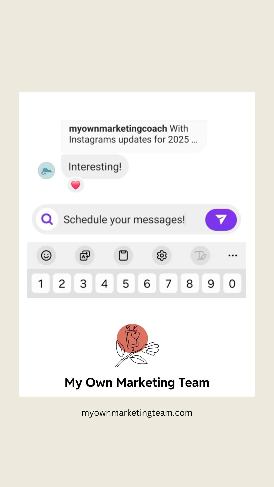 💬 Tired of sending messages at odd hours? Instagram now lets you schedule direct messages.
📅 Tap and hold the send button to set a time for your message to go out. No more late-night 'oops' moments.
💡 This is perfect for small businesses managing customer enquiries and collaborations across different time zones.
📢 Our Social Media Management service ensures your content is scheduled at the right times for your audience, taking the stress out of posting.
➡️➡️ Need help streamlining your social media? Let’s chat about how we can support your marketing efforts.
www.myownmarketingteam.com