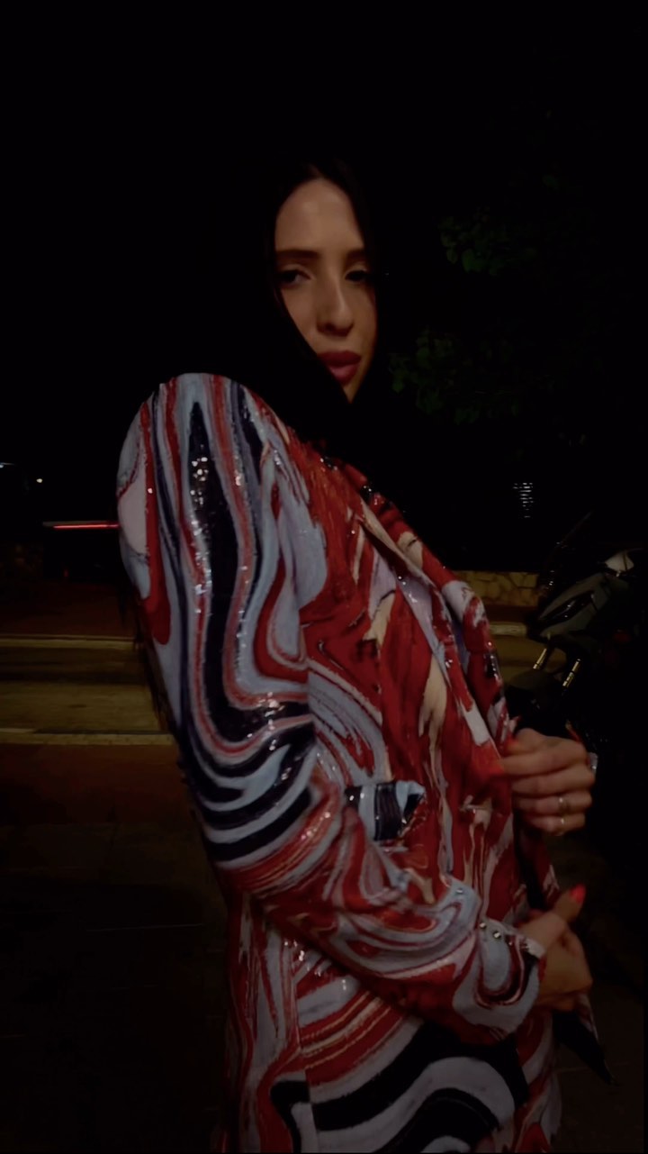 Tailored sequin suit with minimal skirt and my art “The octopus with three hearts” #theoriginal