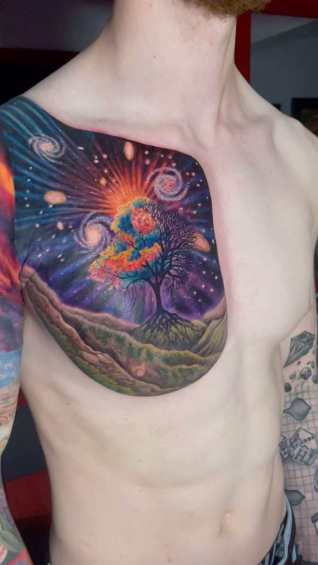 This is still one of my favorite sleeves. I just had the opportunity to add this portion to his chest. I love the idea of playing the scale of our universe. This is the nerdy kind of stuff I really enjoy doing.