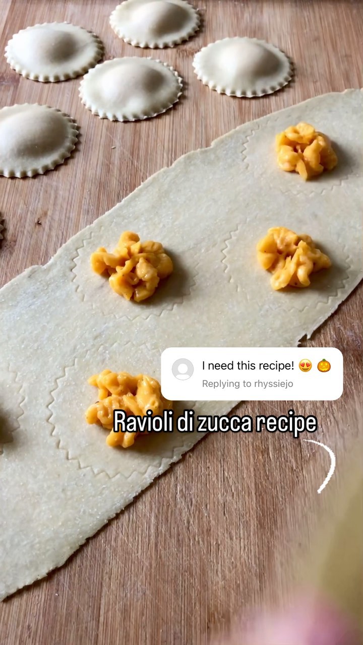 Ravioli di zucca recipe 🧡🖤🤍 this here is literally the easiest pumpkin filling recipe you’ll ever find and nonetheless it’s delicious. Peel, slice and quarter a butternut pumpkin, then boil it in salted water until soft. Meanwhile, grate some parmesan cheese. Exact quantities are hard to give here, depending on the size of the butternut squash. Aim for around 100g grated cheese for a smallish one, and adjust upwards. Once the squash is soft, drain the water and spread it all out to dry and cool down a bit, then blend together with the grated cheese. That’s it, that’s your filling! Pipe it onto your pasta sheets to make ravioli and enjoy with some brown butter, maybe even with crisp sage leaves. Enjoy your pasta!!
Ps: One thing I’d change compared to this video: instead of this old-fashioned pasta stamp I’d use an Italian-made brass ravioli stamp, the cut will be much cleaner and easier to work with. Theres plenty of sizes on my webshop if you’re looking for one.
•
•
•
•
•
#raviolidizucca #pumpkinravioli #freshpasta #pastafresca #homemadepasta #pastalovers #foodie #eattheworld #foodforthesoul #goodmoodfood #pastalover #feedfeed #italiancooking #onmytable #girlswithgluten #chosepasta