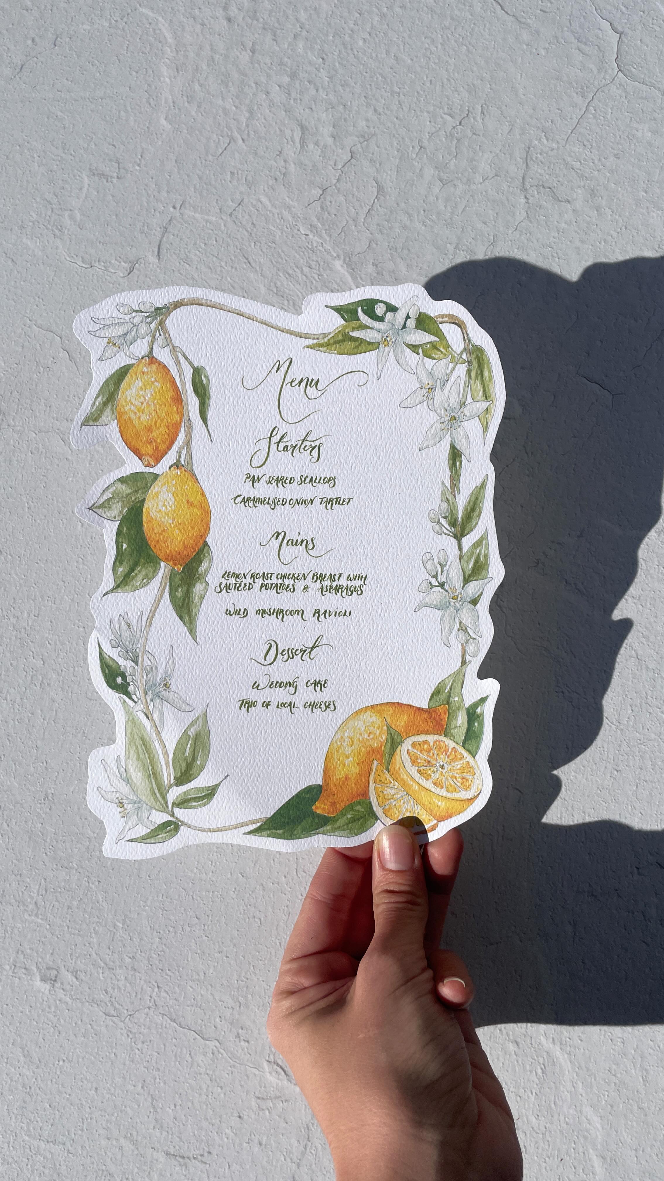 Adding a splash of zesty elegance to your wedding day! 🍋✨ Watch as this hand-painted watercolor loop of lemons and blossoms comes to life. A perfect border from our Lemon Semi Bespoke Wedding Stationery Suite. It pairs beautifully with hand-painted lettering and can be elevated with a custom die-cut outline.
#weddingstationery #weddingmenu #weddingplanning #europeanwedding #handpainted #watercolor #watercolorpainting #illustration #weddingday #menu #lemons