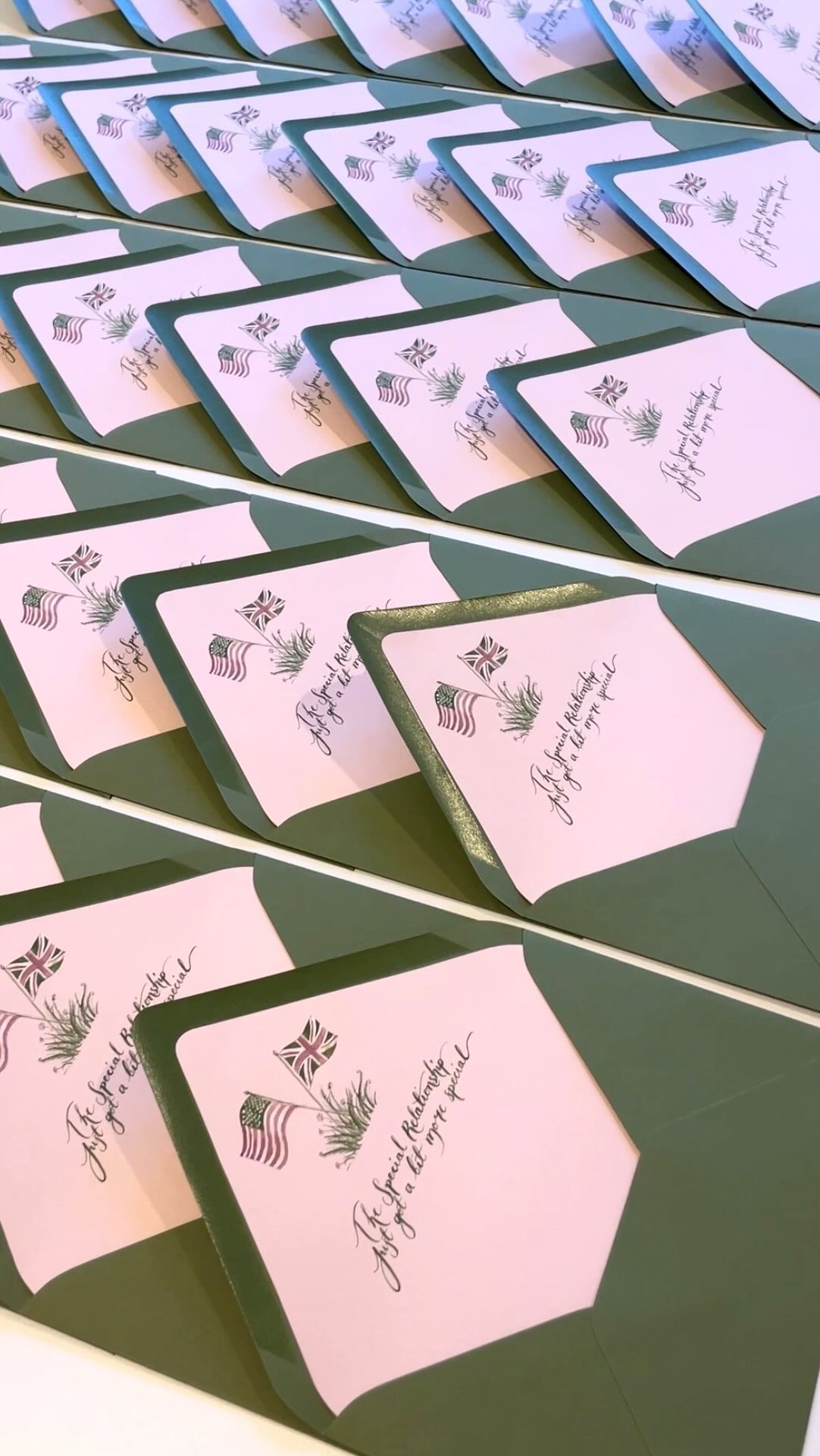 From London to Chicago, with love 💌✨
Bringing Aubrey & Tom’s international wedding stationery dreams to life—pink, green, and full of love! 🌸💚 🇬🇧🇺🇸
What do you think of our little envelope liner joke for our British boy and American girl?
The behind-the-scenes magic happens a lot faster in this reel than in real life - if only I could assemble 100 invites in 30 seconds!!! Excited for these little green envelopes to make their way across the Atlantic 🌎
#savethedate #weddinginvites #londontochicago #internationallove #thespecialrelationship #watercolour #handpainted #weddingstationery #green #pink