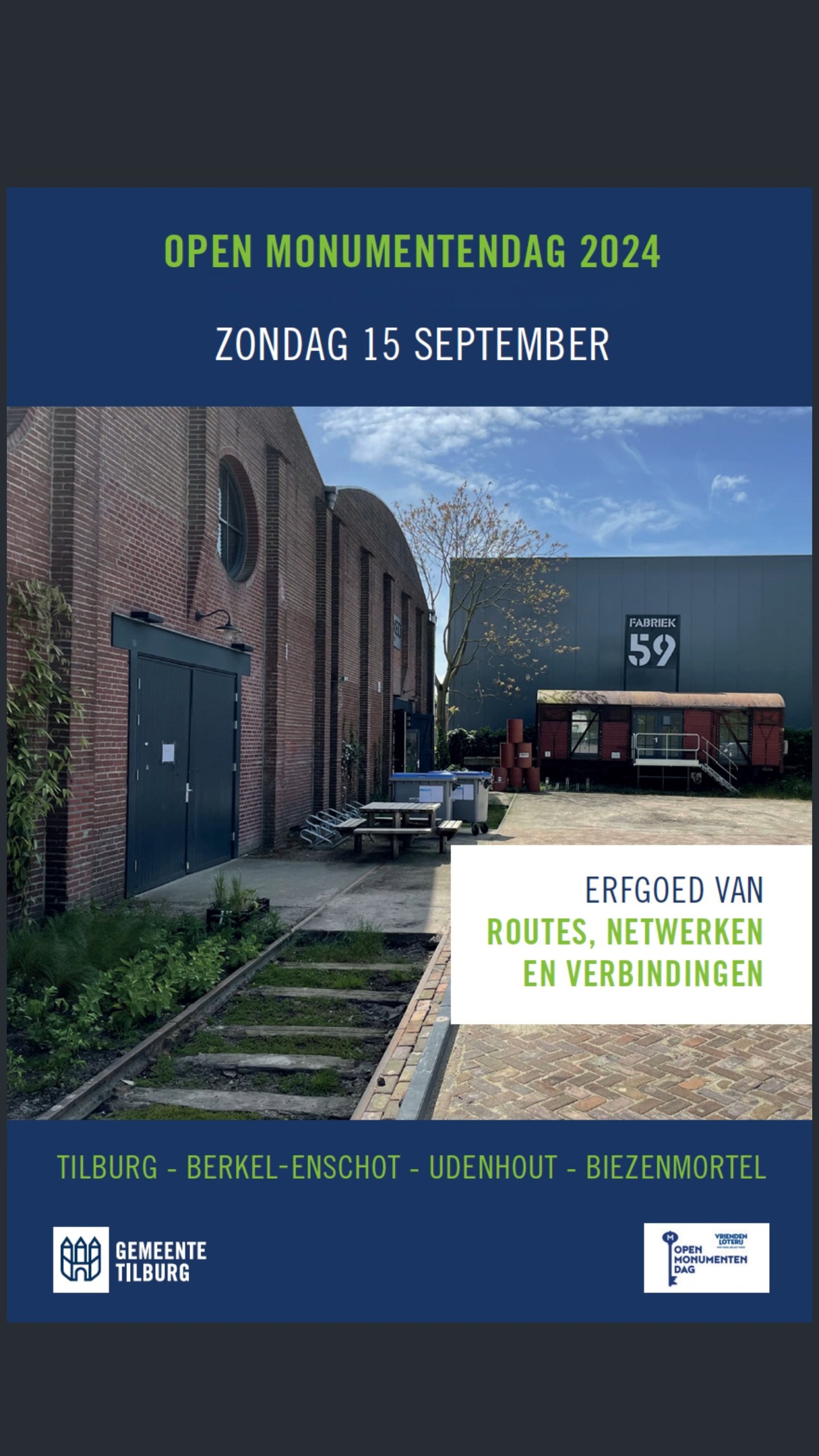 Op zondag 15 september doet FABRIEK59 mee aan Open Monumentendag 2024, van 11.00-17.00 uur.
Op die dag wordt ook de nieuwe digitale historische wandelroute gelanceerd. Deze werkt op basis van QR-codes en vertelt de achtergrond van de verschillende panden van de voormalige textielfabriek.
Zin in een historische wandeling?
Op zondag 15/9 zijn er begeleide wandelingen voorzien om 14.00 - 15.00 en 16.00 uur.
#fabriek59 #postelmansbloemisten #hoogspoordesignlight #crudecao #block013 #blockfamily #tilburg #tilburgcity #tilburg013 #sebartgallery #novicommarketinggroup