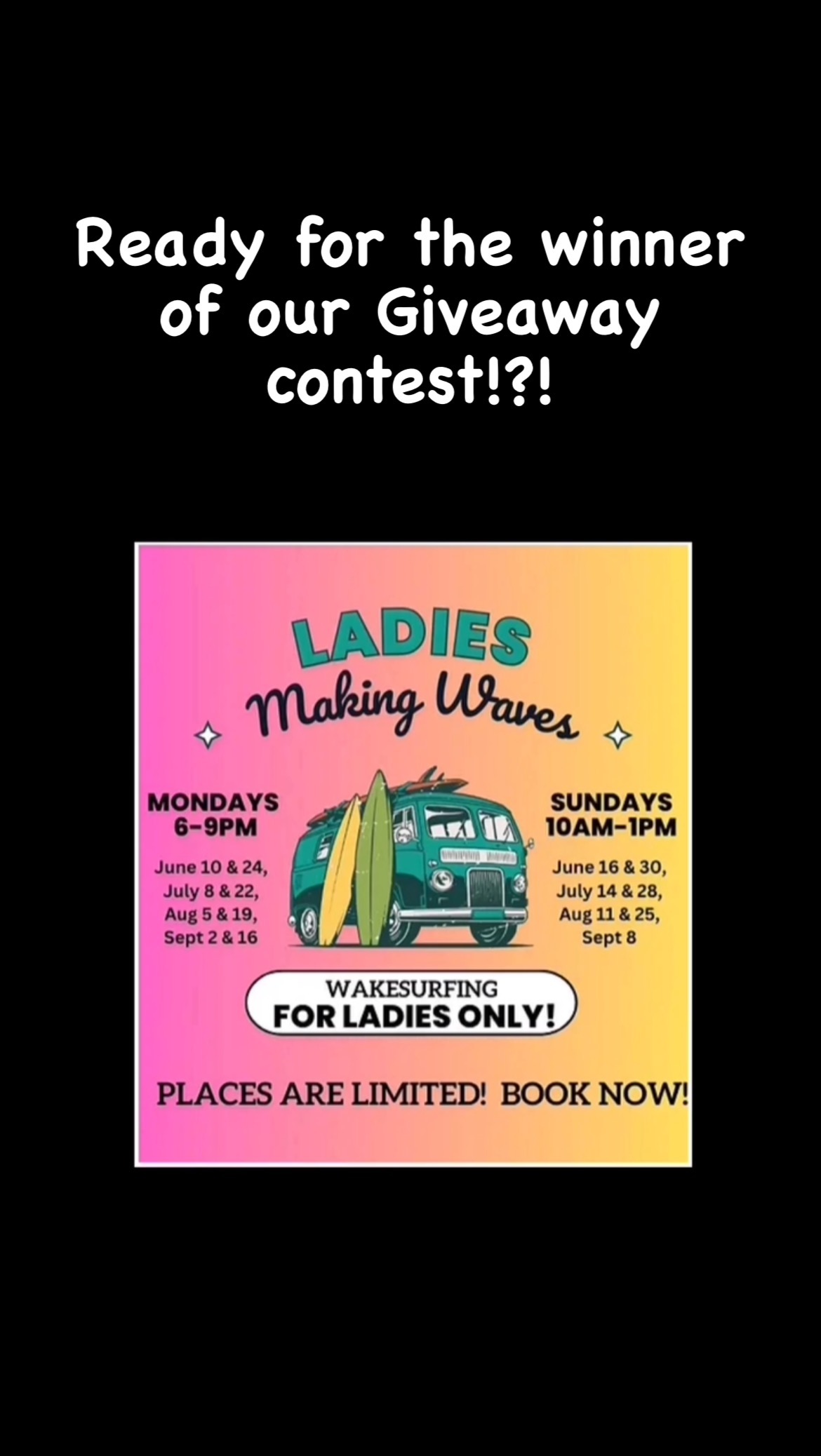 Thanks to everyone for entering our Giveaway to launch our new program: Ladies Making Waves! We are extremely excited to announce our big winner:
@kylabrass6425 ๐๐โโ๏ธ๐ค๐ป
Congrats lady! Make sure to call or text us as soon as possible to book your spot for yourself plus TWO of your friends!
But wait, thereโs more! We decided to give an extra prize to the person who put the most efforts to share, comment and promote our new program. So we are pleased to offer @andorra.wright a free session for herself plus ONE of her friend!
Thanks everyone who participated to our contest, and donโt forget, we have massive discounts for the whole month of July (thanks to @wswcanada and @sportscanada), so jump on it, enjoy an extra 30% off and call us to reserve your spot!
Places are extremely limited, so donโt wait!
โ๏ธ๐โโ๏ธโ๏ธ
#surfh2oschool #momwhosurfs #ladiesmakingwaves #womenonthewater #wakesurfing #koocanusa #h2oschool