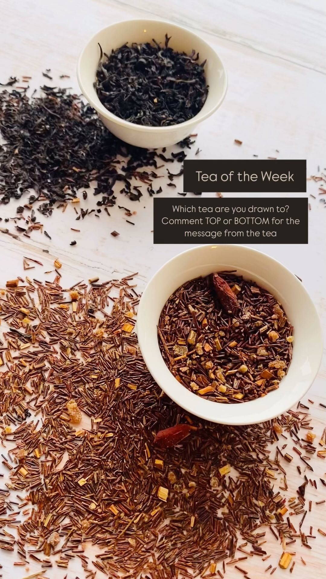 Tea of the Week.
Our teas are filled with intention. You will be drawn to what you need to work with for the week.
Comment TOP or BOTTOM to receive the message the tea has for you this week.
#teaoftheweek #intention #energy #tea #lovetea #chakratea #ritualtea #organictea