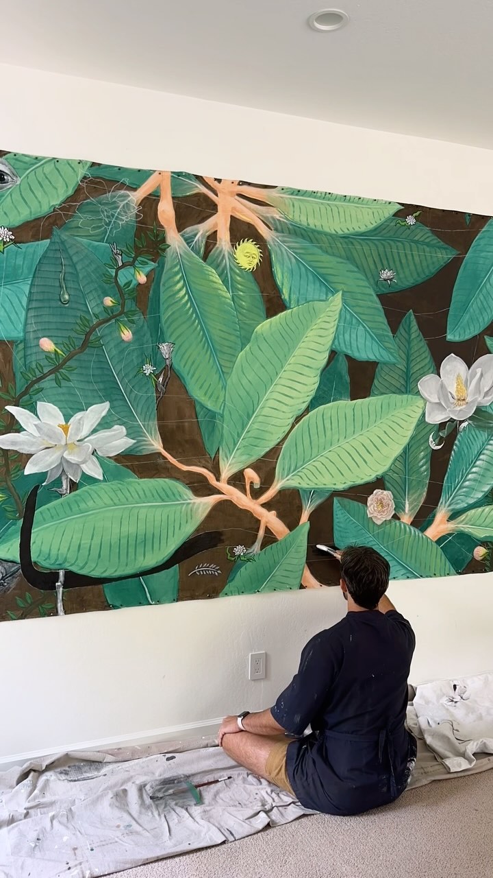 A few years ago, I hung this piece of raw cotton canvas on my living room wall. The thought was that instead of creating lots of little paintings, every time I got the itch to paint, I would doodle on the wall instead. Working with an overall theme, there was never a final vision. A bit of “graffiti style”. This will never actually be complete, but at some point I’ll rip it off the wall because I’m tired of looking at it. #fourpointstudio #mural #graffiti #garden #paint #riff #art #painting #largescaleart