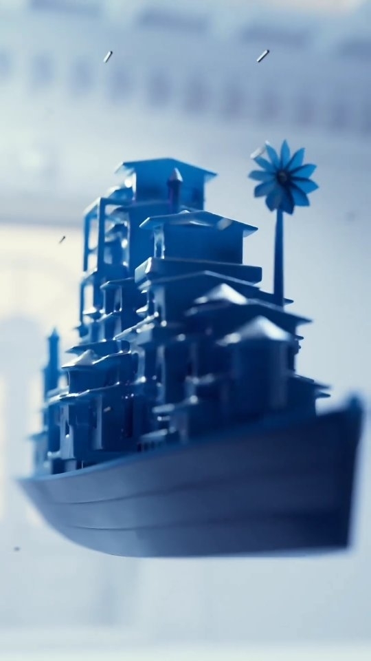 Full Steam to Nowhere 🌧 🌊🛳
#noahsark #cinema4d #3drender #redshift
The video is a 3D animation made in Cinema4D. It features a blue boat floating in a museum space, which is propelled by a windmill. The boat has plastic houses that are in constant motion and appear to be providing energy to the boat. Despite looking like it's moving, the boat is not actually going anywhere.