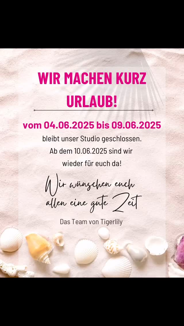 Wir machen eine kleine Pause vom 4. bis zum 9. Juni, um danach frisch und voller Energie ab dem 10. Juni in die Sommersaison zu starten – mit Waxing, Laser und strahlenden Nägeln. Jetzt gleich Termine sichern, denn der Sommer geht los ☀️💖