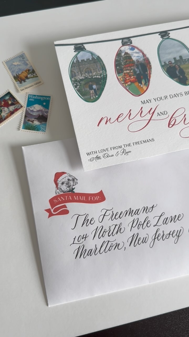 Holiday wishes from the Freemans ✨
Special shoutout to @amyelizabethartistry for designing the cutest cards and creating the most perfect sketch of my Reesey ♥️ 🐾
Hope you have a joyful (and restful, looking at you fellow wedding vendors!) holiday season 🕯️❄️
#allicatcalligraphy #holidaycards #envelopecalligraphy #merrychristmas #christmascard #custominvites