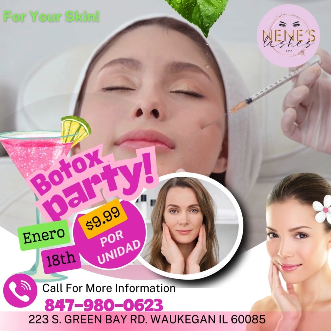 ESTE 18 DE ENERO - TE INVITAMOS A NUESTRA Botox Party en Nene Lashes Spa
¡Resalta tu belleza y luce siempre joven! Te esperamos el 18 de enero en nuestra Botox Party con un increíble precio de $9.99 por unidad.
Ven con tus amigas y disfruten juntas de esta oportunidad única para realzar su belleza en un ambiente profesional y relajado.
📍 Dirección: 223 S Green Bay Rd, Waukegan, IL 60085
📞 Informes y citas: 847-980-0629
No te pierdas este evento especial. Agenda tu lugar ahora y aprovecha este súper precio.
#BotoxParty #NeneLashesSpa #SiempreJoven #ResaltaTuBelleza #WaukeganIL #CuidadoFacial #EventoEspecial