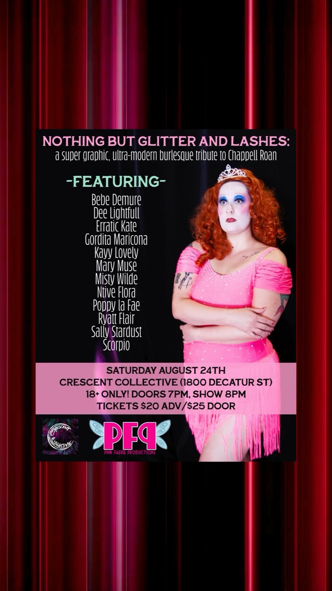 💗Nothing But Glitter And Lashes: A Super Modern, Ultra-Graphic Burlesque Tribute to Chappell Roan💗
Saturday, August 24th @ Crescent Collective (1800 Decatur St)
18+ only! Doors at 7pm, show at 8pm
Tickets $20 in advance, $25 at the door; $35 VIP tickets available (reserved seat + gift)
The combined forces of Poppy la Fae and Sally Stardust are putting together their own Pink Pony Club here in RVA! Get dressed in your best Midwest Princess look and sing along with us while we entertain you with burlesque, drag, flow arts, and more! We’re playing the whole album baby, so get ready for a dynamic range of queer art all inspired by Chappell Roan.
Featuring:
Bebe Demure
Dee Lightfull
Erratic Kate
Gordita Maricona
Kayy Lovely
Mary Muse
Misty Wilde
Ntive Flora
Poppy la Fae
Ryatt Flair
Sally Stardust
Scorpio
#richmondva #rvaevents #rva #rvadance #queerrva #rvaart #rvashows