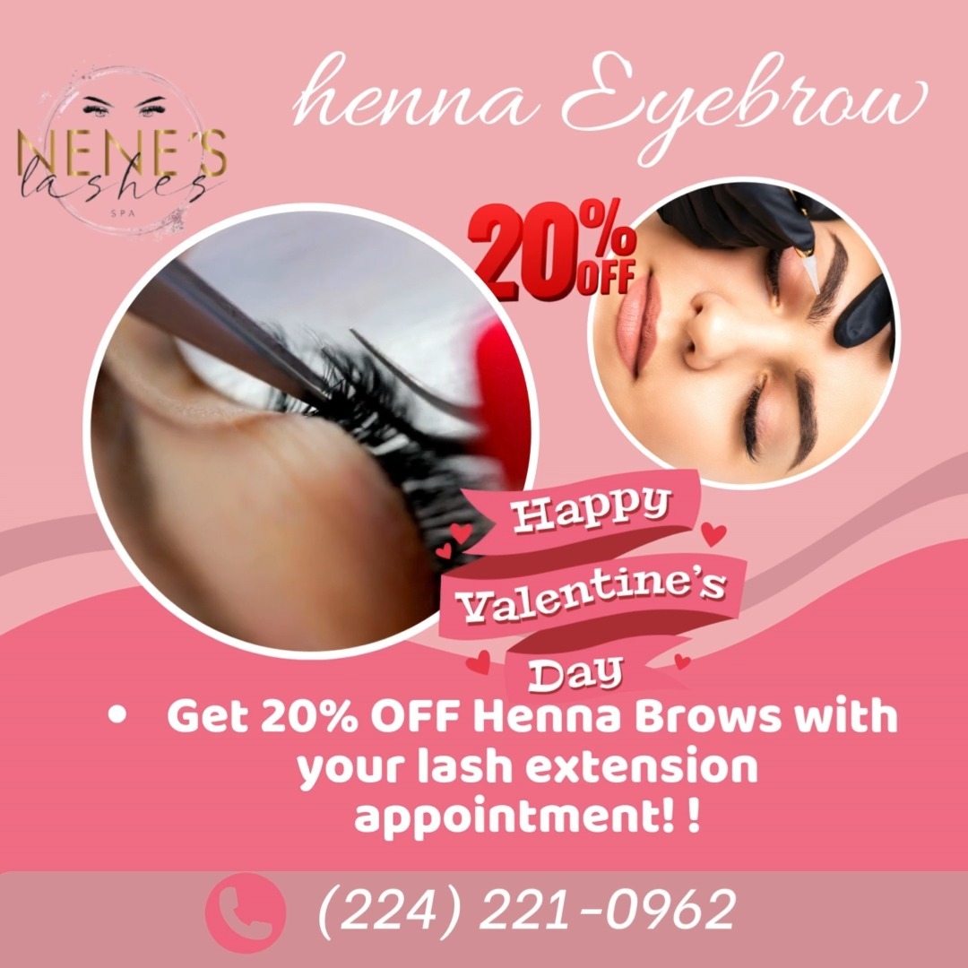 💖 Enhance Your Gaze This Month of Love! 💖
Because captivating eyes say it all, at Nene’s Lashes Spa, we’re treating you to a special offer:
✨ Get 20% OFF Henna Brows with your lash extension appointment! ✨
A stunning gaze not only enhances your beauty but reflects confidence and attitude. 💫 This February, look amazing and feel more empowered than ever with perfect lashes and brows.
📍 Book your appointment today and fall in love with your reflection!
📲224-221-0962
We speak Spanish! | ¡Se habla español!
#PerfectGaze #LashAndBrowGoals #NenesLashes #LoveYourLook #ValentinesGlow